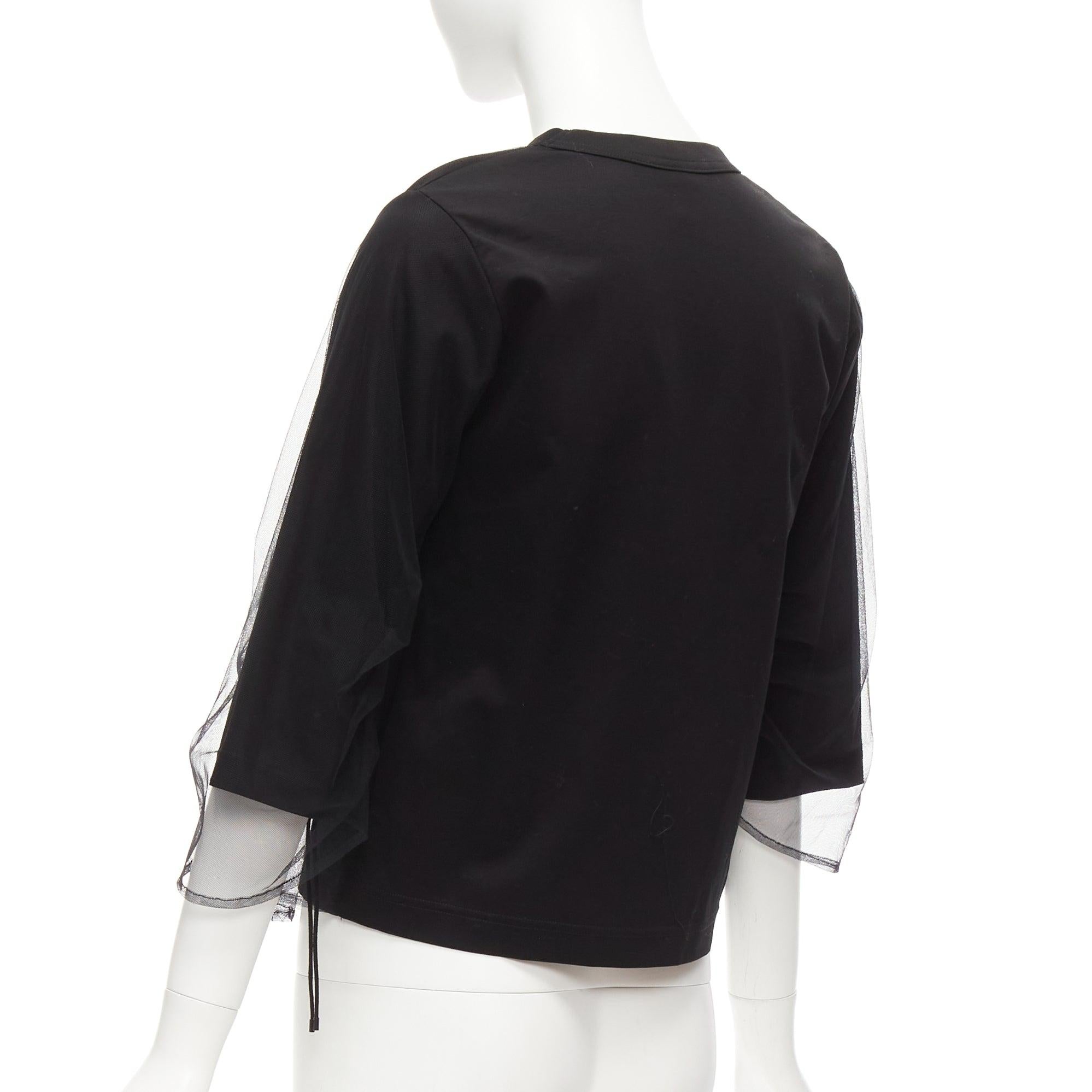 NOIR KEI NINOMIYA 2018 black cotton sheer tulle overlay ruched sleeves tshirt XS For Sale 2