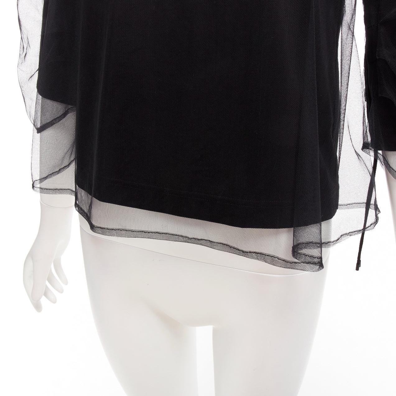 NOIR KEI NINOMIYA 2018 black cotton sheer tulle overlay ruched sleeves tshirt XS For Sale 3