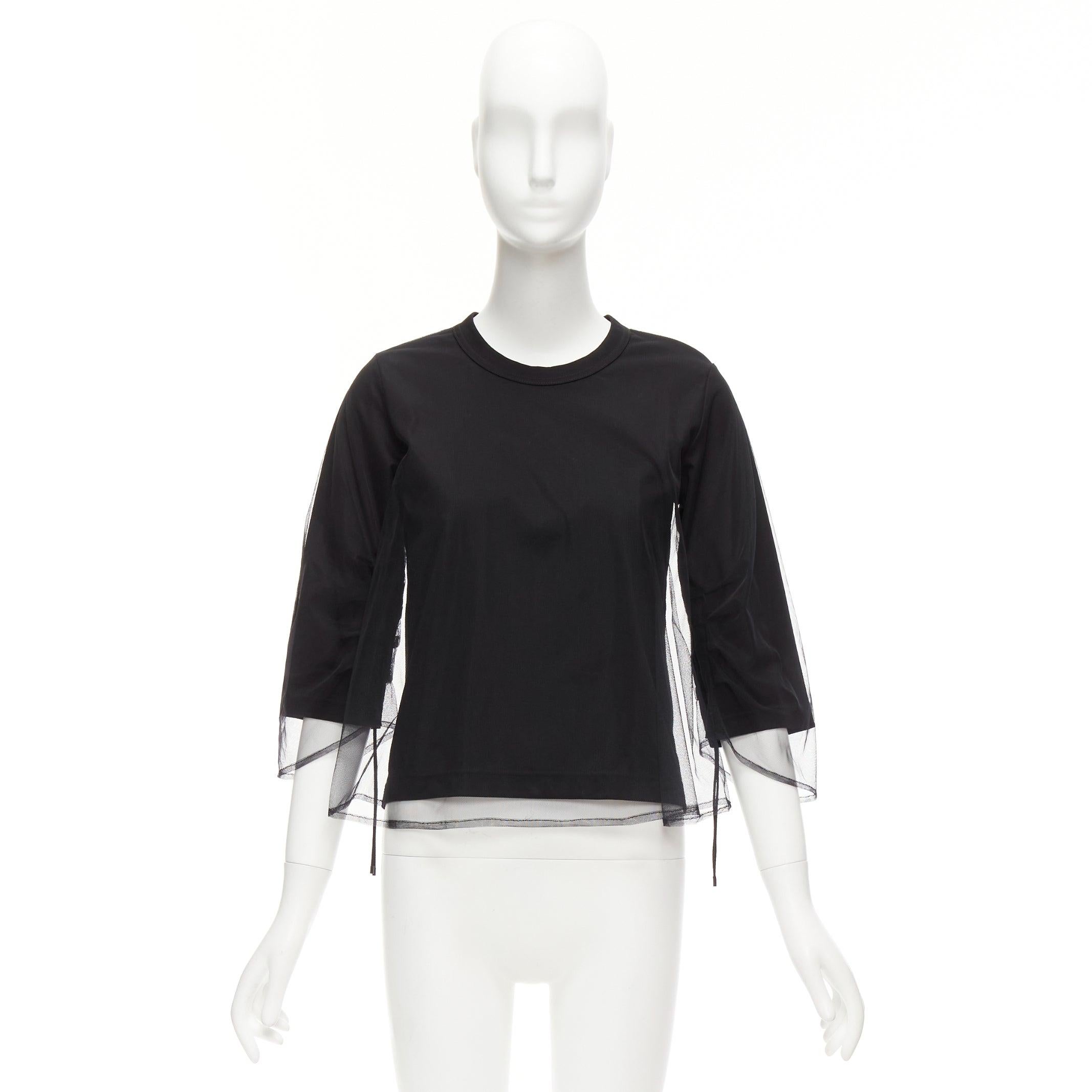NOIR KEI NINOMIYA 2018 black cotton sheer tulle overlay ruched sleeves tshirt XS For Sale 5