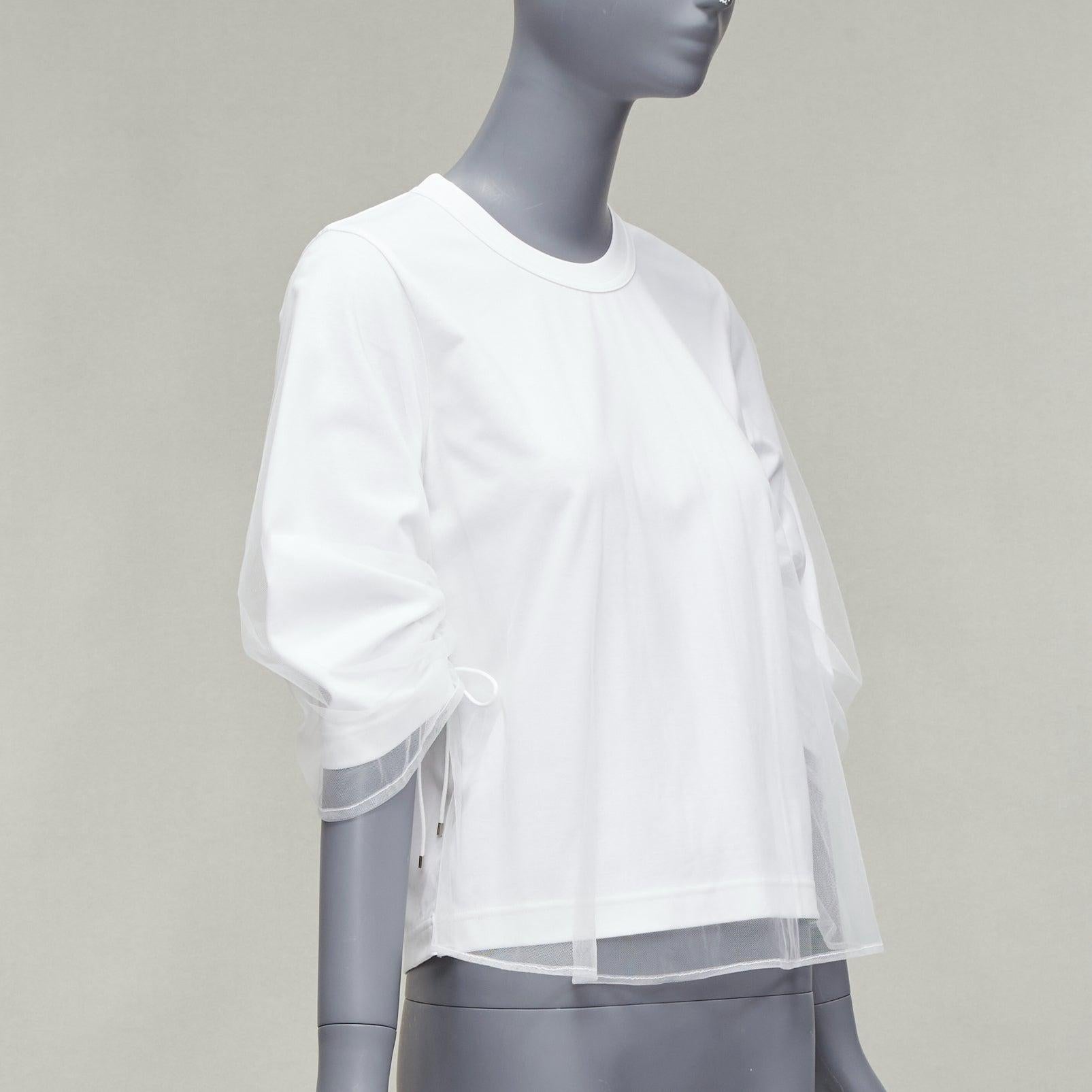 NOIR KEI NINOMIYA 2018 white cotton tulle overlay ruched sleeve tshirt XS In Excellent Condition For Sale In Hong Kong, NT