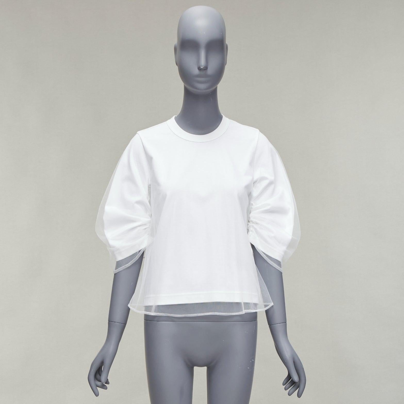 NOIR KEI NINOMIYA 2018 white cotton tulle overlay ruched sleeve tshirt XS For Sale 5
