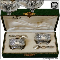 Noiret French Sterling Silver 18-Karat Gold Salt Cellars Pair, Spoons, Box