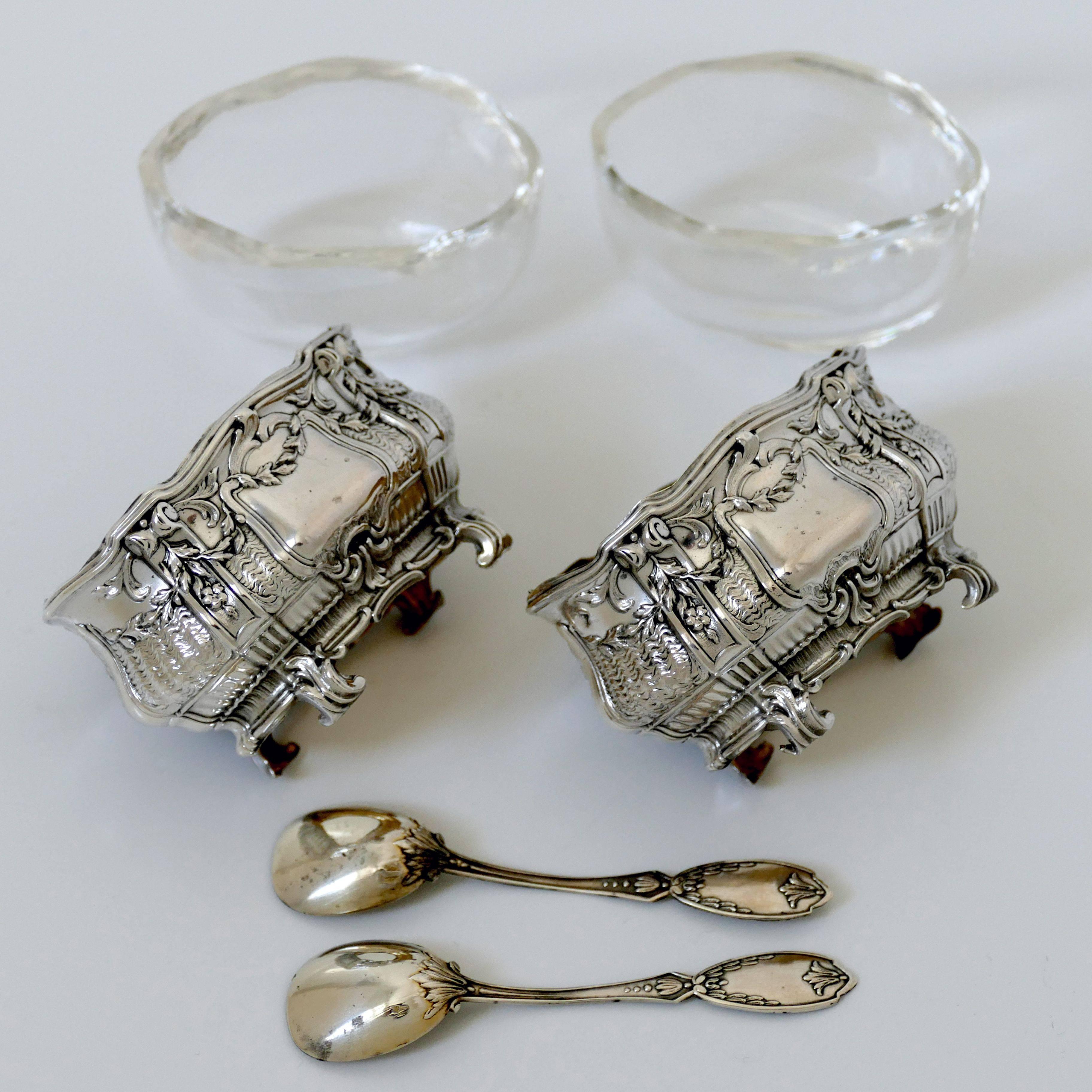 Noiret French Sterling Silver 18-Karat Gold Salt Cellars Pair, Spoons, Box 1