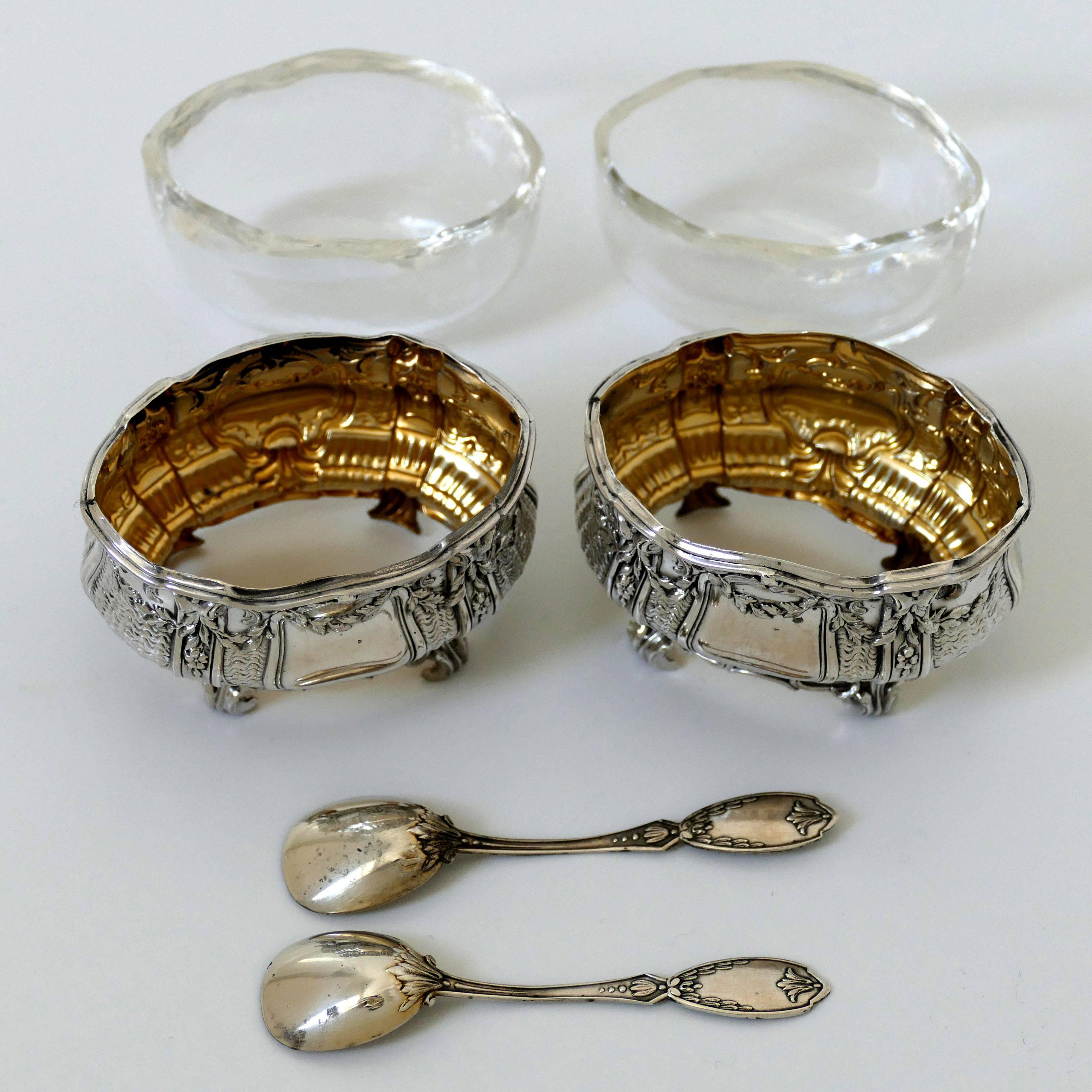 Noiret French Sterling Silver 18-Karat Gold Salt Cellars Pair, Spoons, Box 2