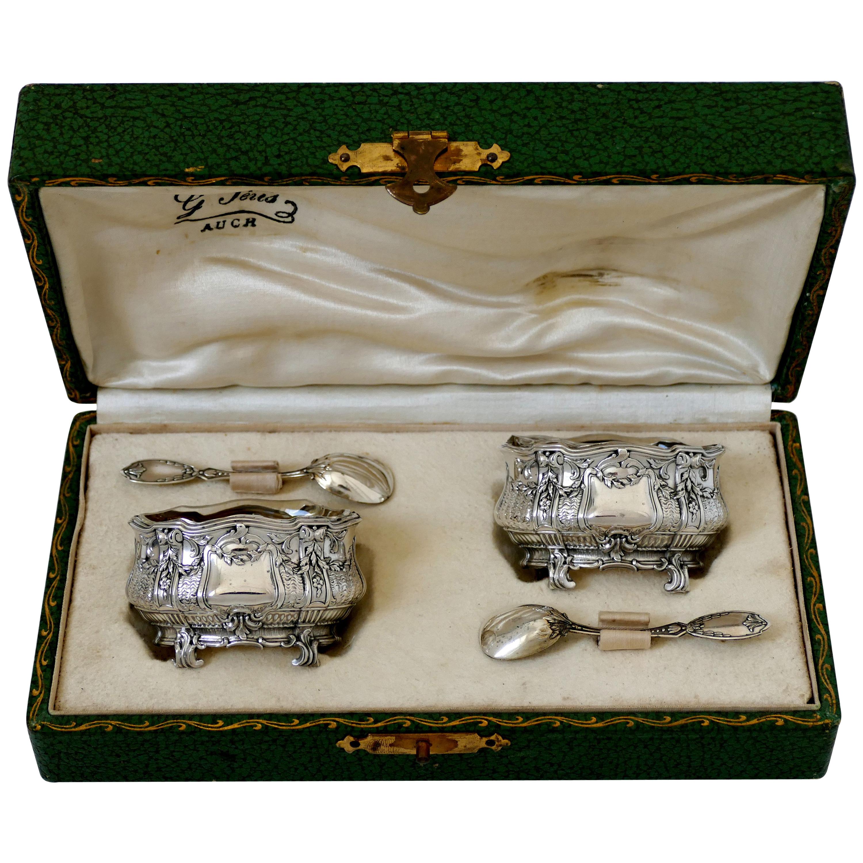Noiret French Sterling Silver 18-Karat Gold Salt Cellars Pair, Spoons, Box