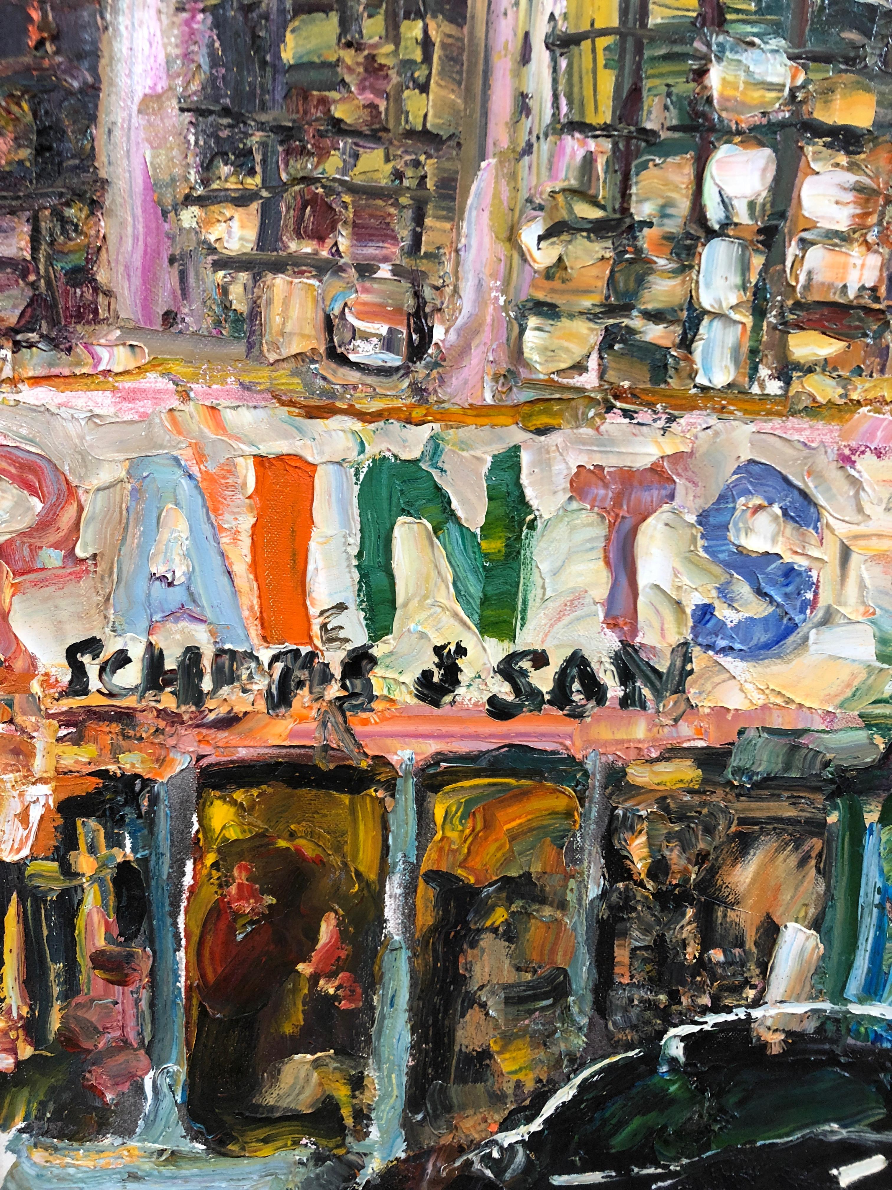 Wonderful painterly, thickly impastoed oil painting of a New York street with Paint store fascade and black parked car. A riot of color and noise packed into a medium sized canvas. By renowned plein air painter Ken McIndoe.