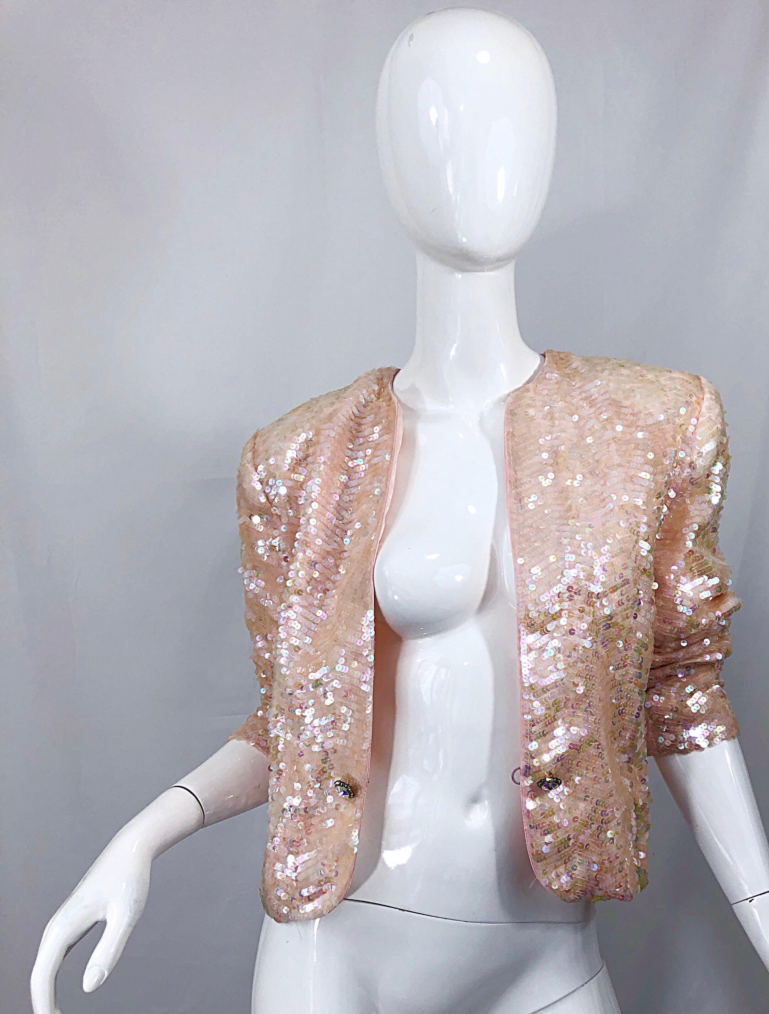 Nolan Miller - Magnifique veste vintage rose clair à paillettes et strass, années 1980 en vente 6
