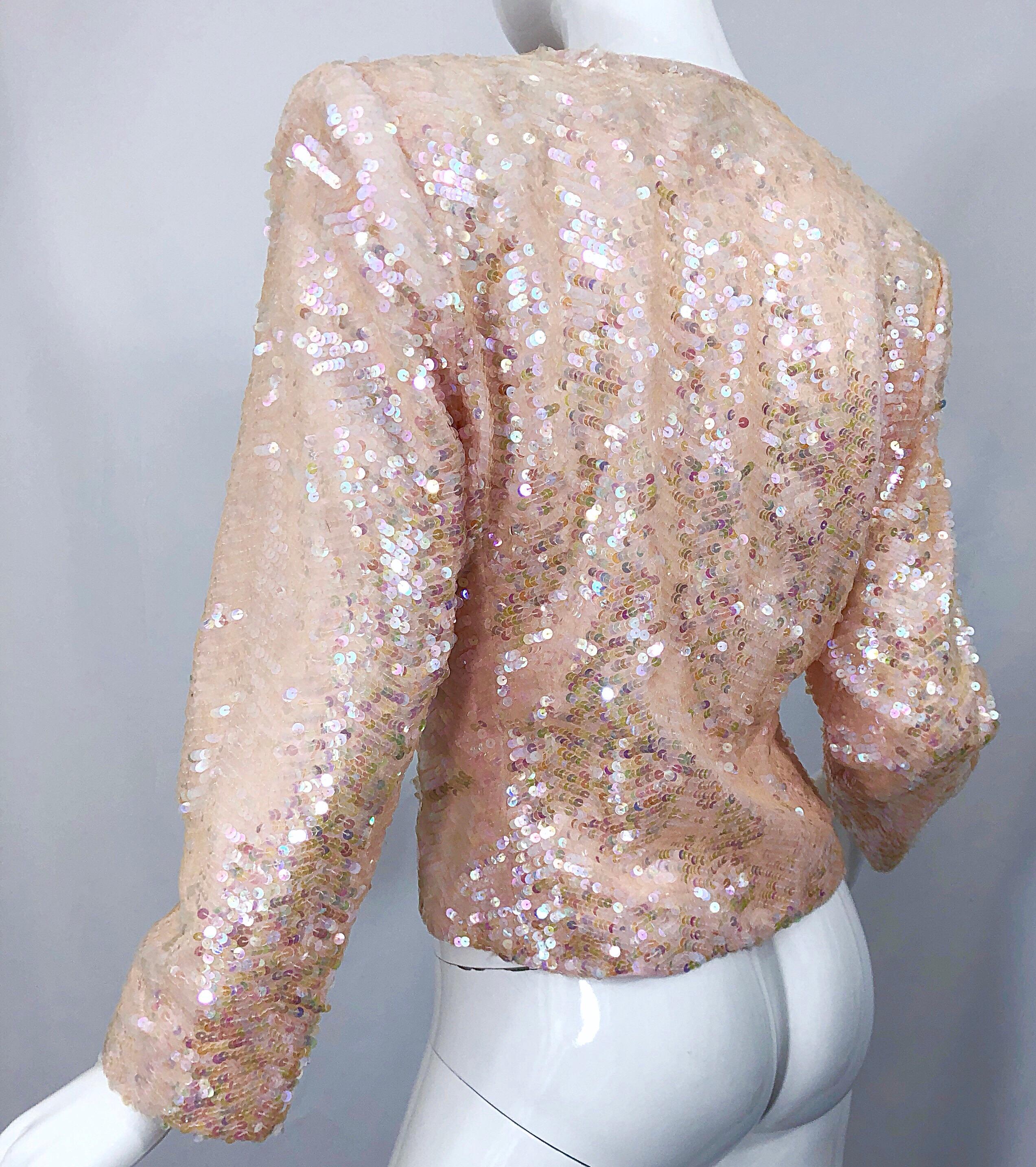Nolan Miller - Magnifique veste vintage rose clair à paillettes et strass, années 1980 en vente 7