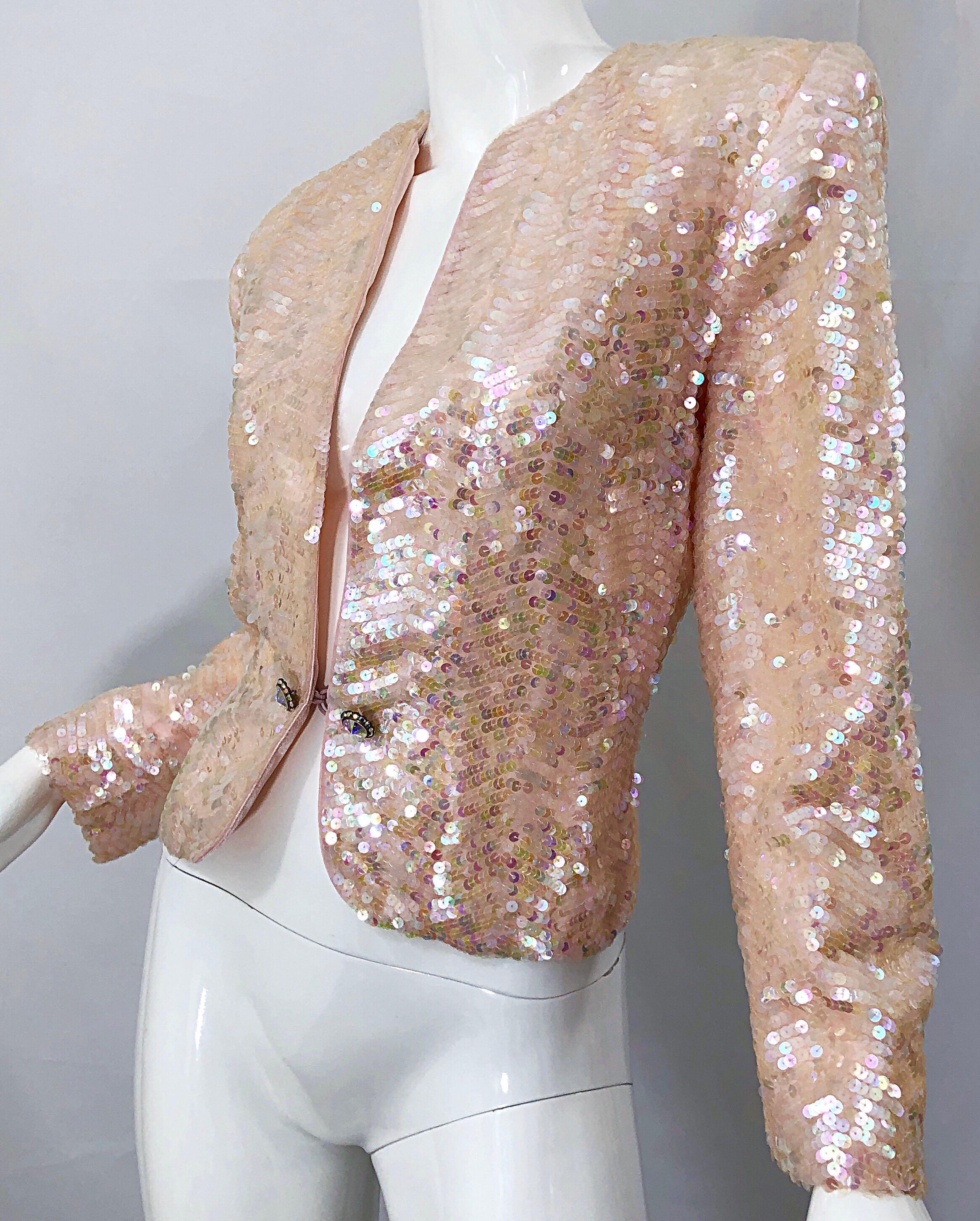 Nolan Miller 1980s Light Pink Sequin + Rhinestone Amazing Vintage 80s Jacket For Sale 5