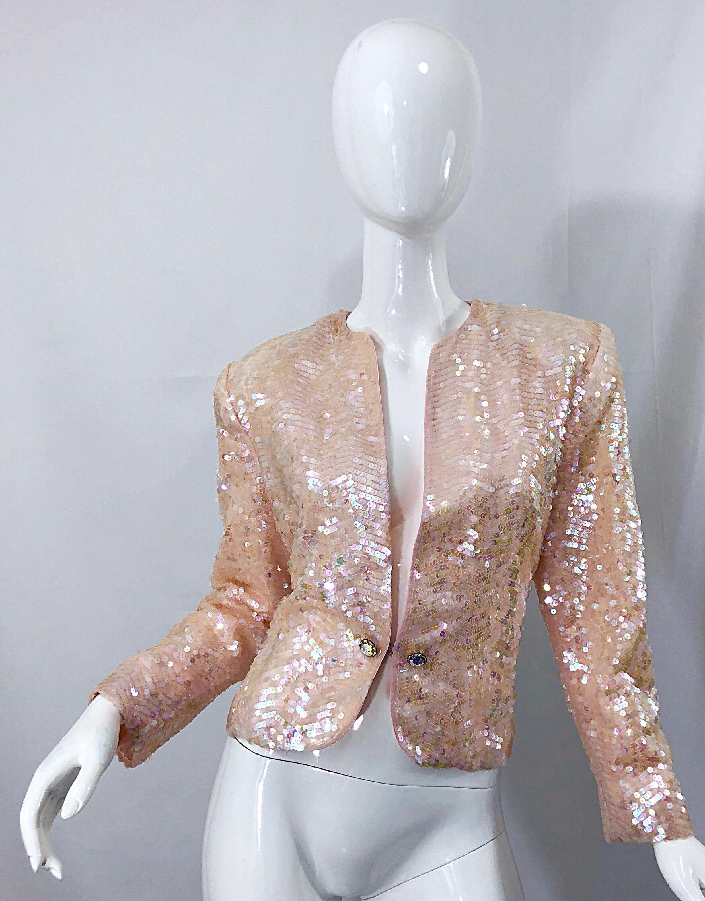 Nolan Miller 1980s Light Pink Sequin + Rhinestone Amazing Vintage 80s Jacket For Sale 6