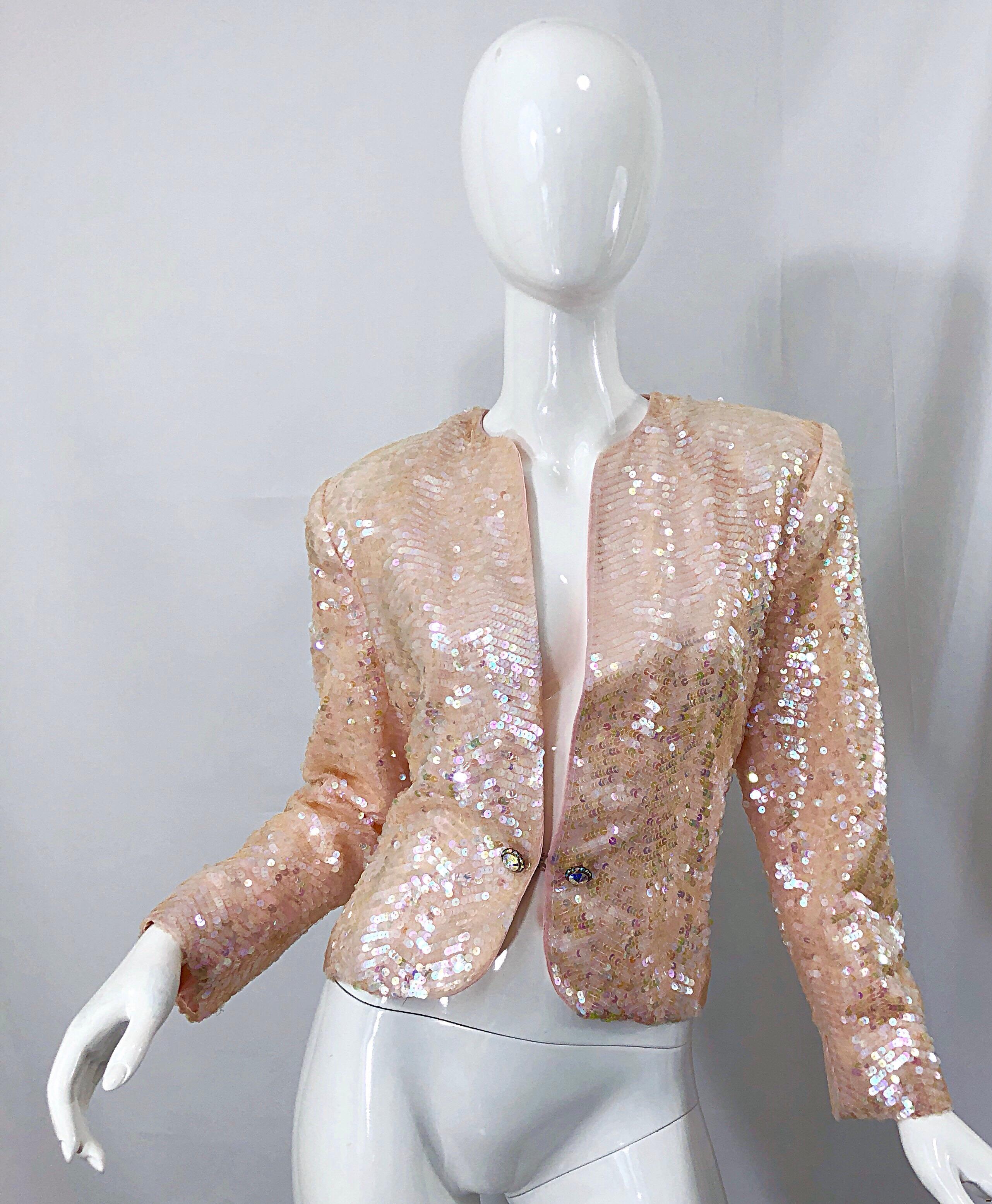 Amazing 1980s NOLAN MILLER light pink sequin and rhinestone jacket! Nolan Miller was the head designer for the hit show, 