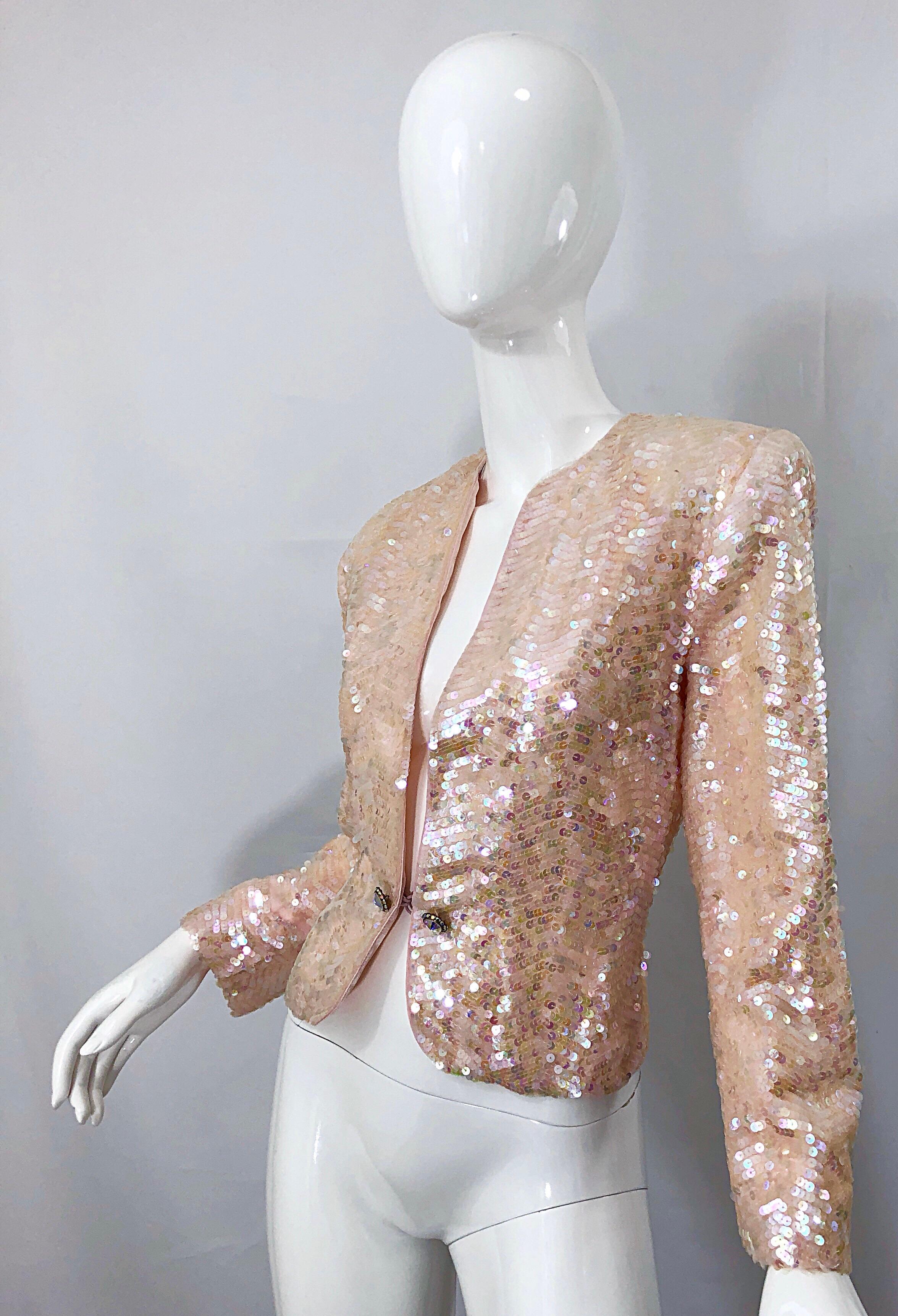 Beige Nolan Miller 1980s Light Pink Sequin + Rhinestone Amazing Vintage 80s Jacket For Sale