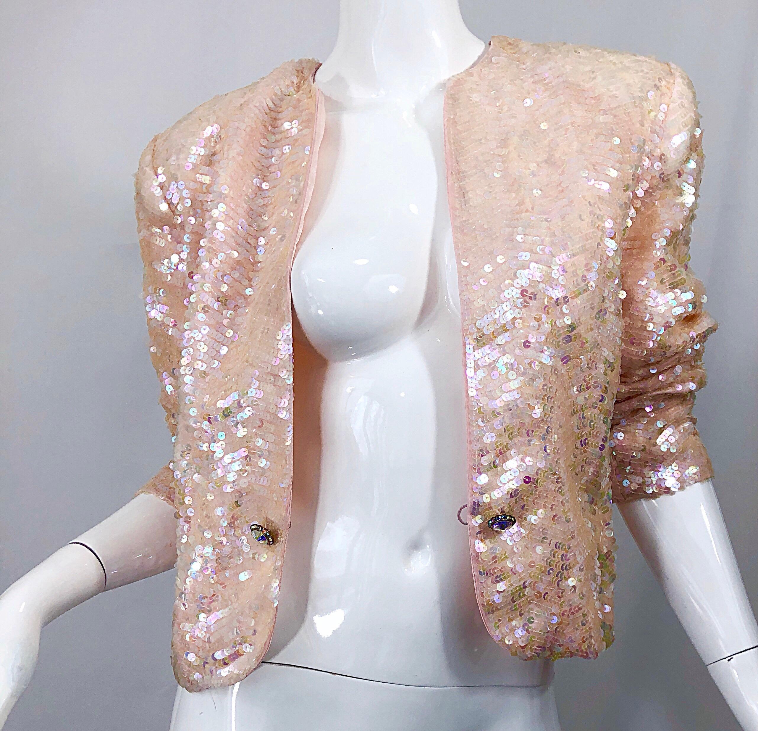 Nolan Miller 1980s Light Pink Sequin + Rhinestone Amazing Vintage 80s Jacket In Excellent Condition For Sale In San Diego, CA