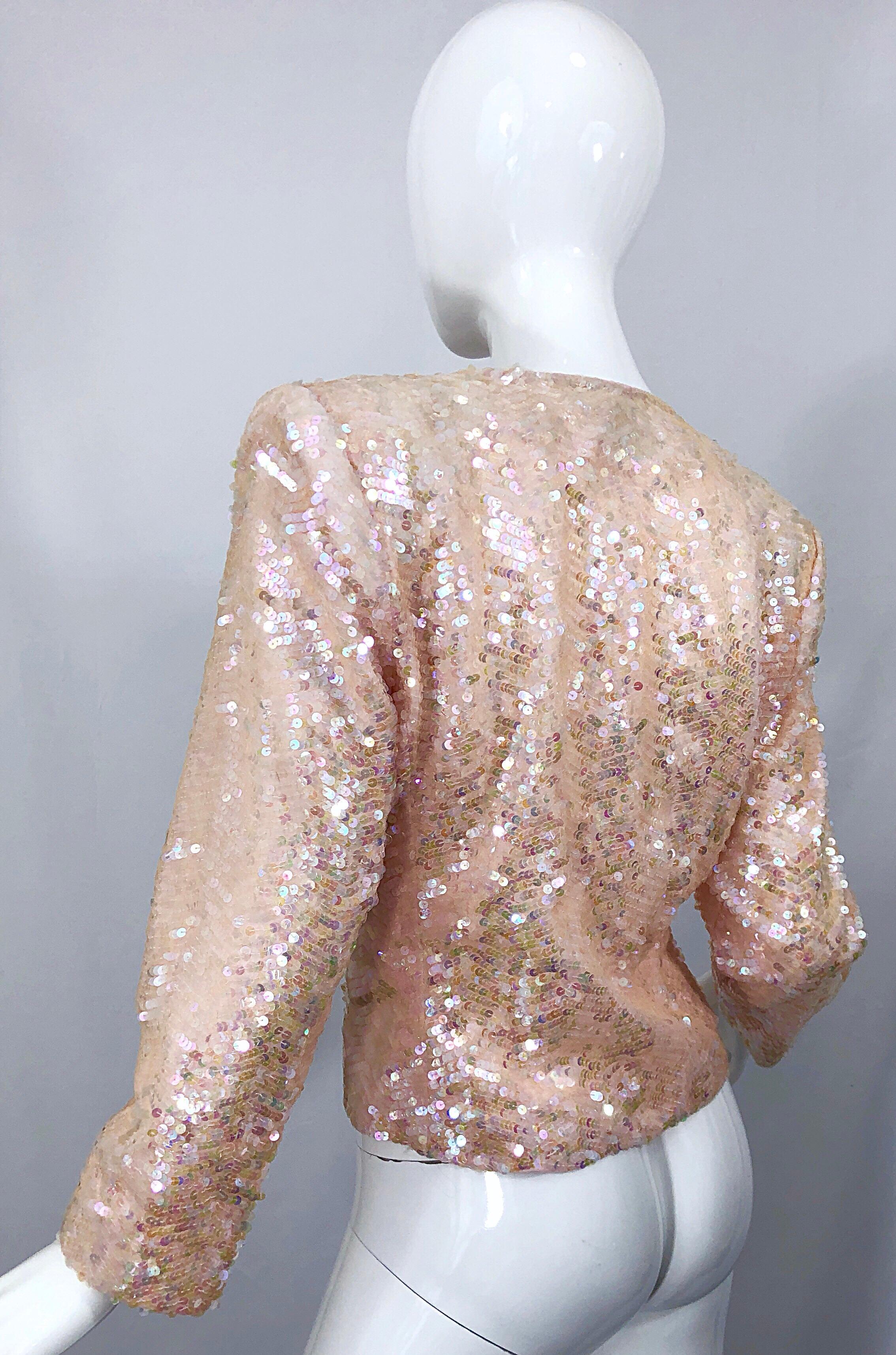 Women's Nolan Miller 1980s Light Pink Sequin + Rhinestone Amazing Vintage 80s Jacket For Sale