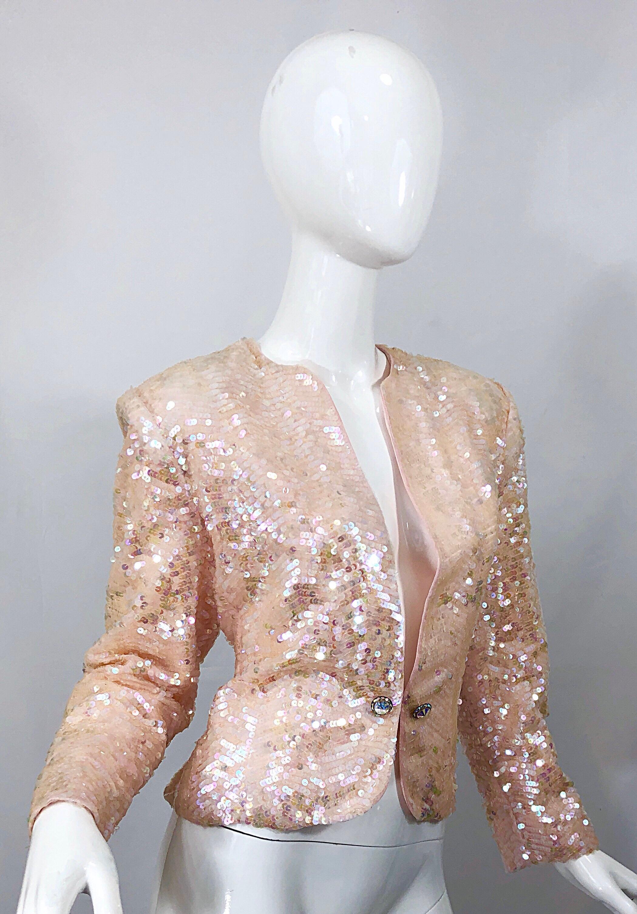 Nolan Miller 1980s Light Pink Sequin + Rhinestone Amazing Vintage 80s Jacket For Sale 1