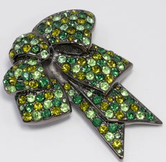Nolan Miller Bow Pin Brooch Pave Peridot Olivine Emerald Crystal, Gray Gunmetal