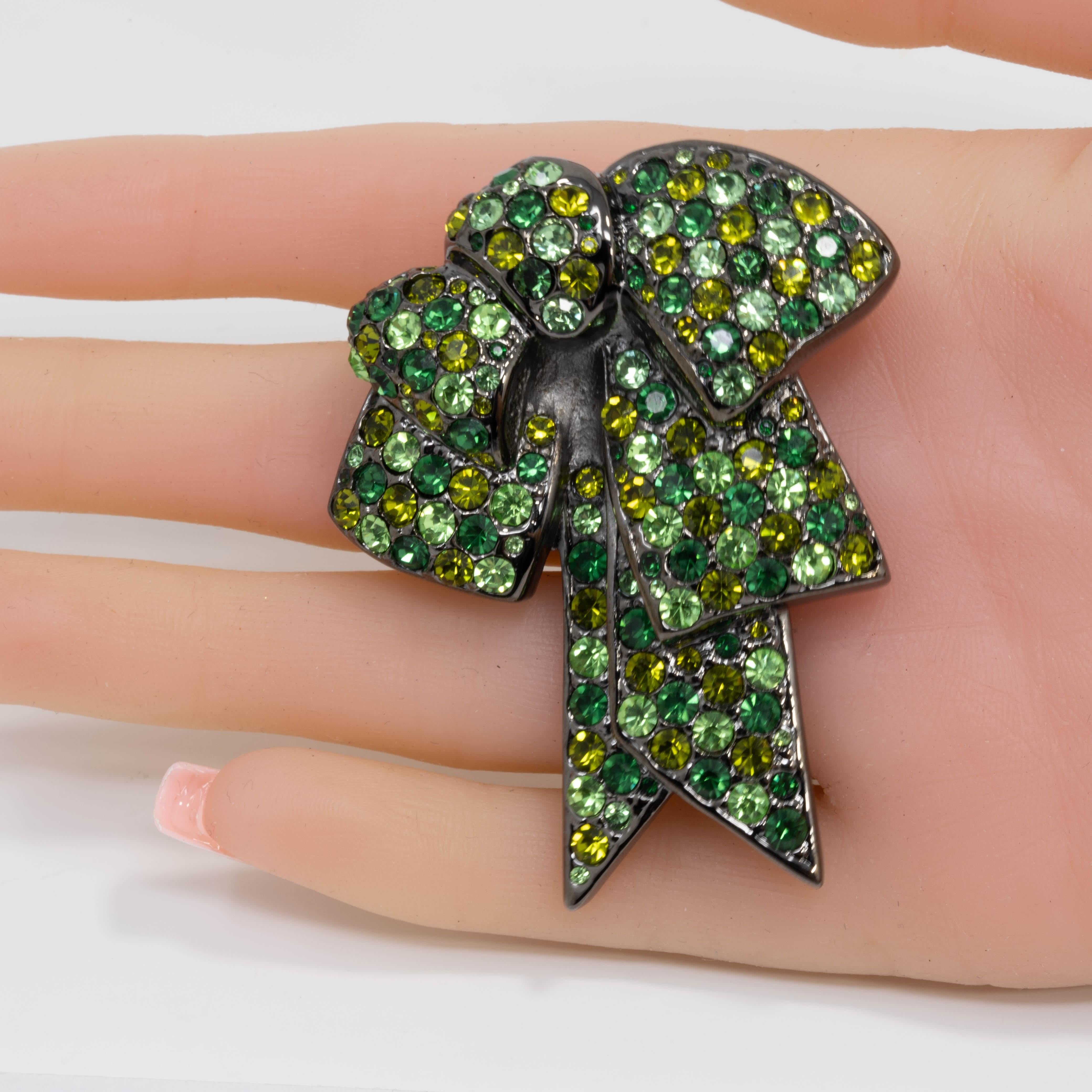 Modern Nolan Miller Bow Pin Brooch Pave Peridot Olivine Emerald Crystal, Gray Gunmetal For Sale