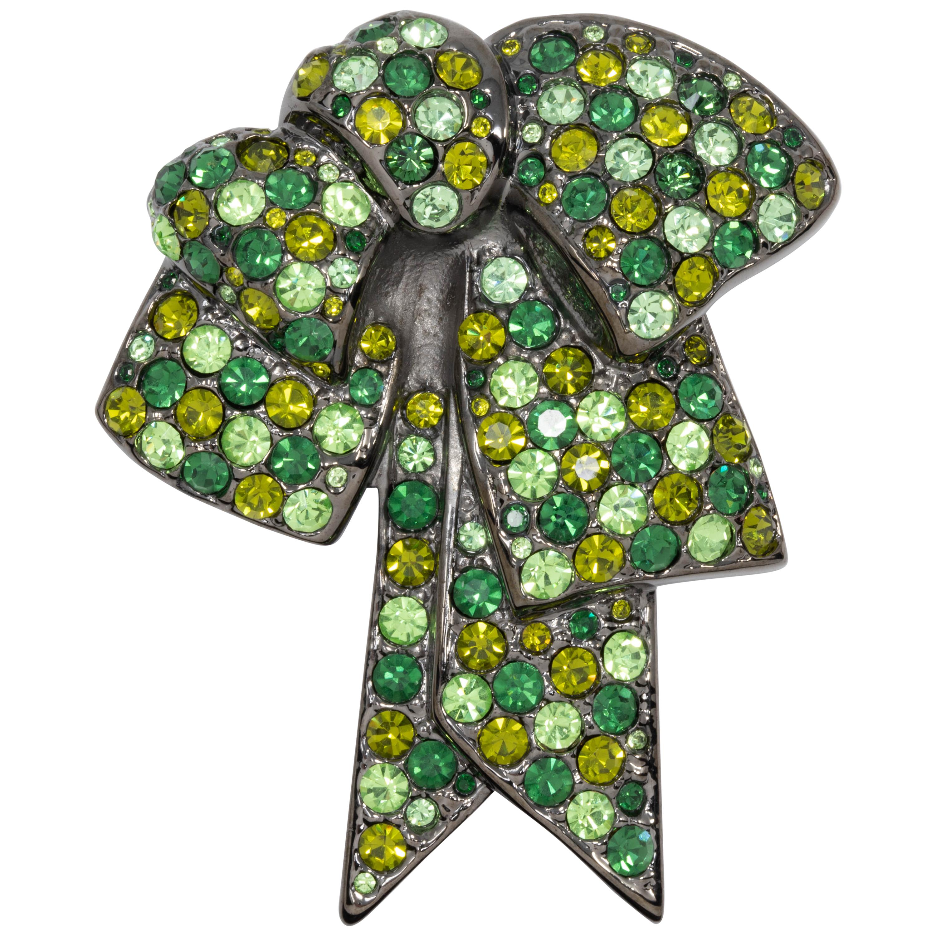 Nolan Miller Bow Pin Brooch Pave Peridot Olivine Emerald Crystal, Gray Gunmetal For Sale