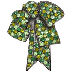 Vintage Nolan Miller Bow Pin Brooch Pave Peridot Olivine Emerald Crystal, Gray Gunmetal