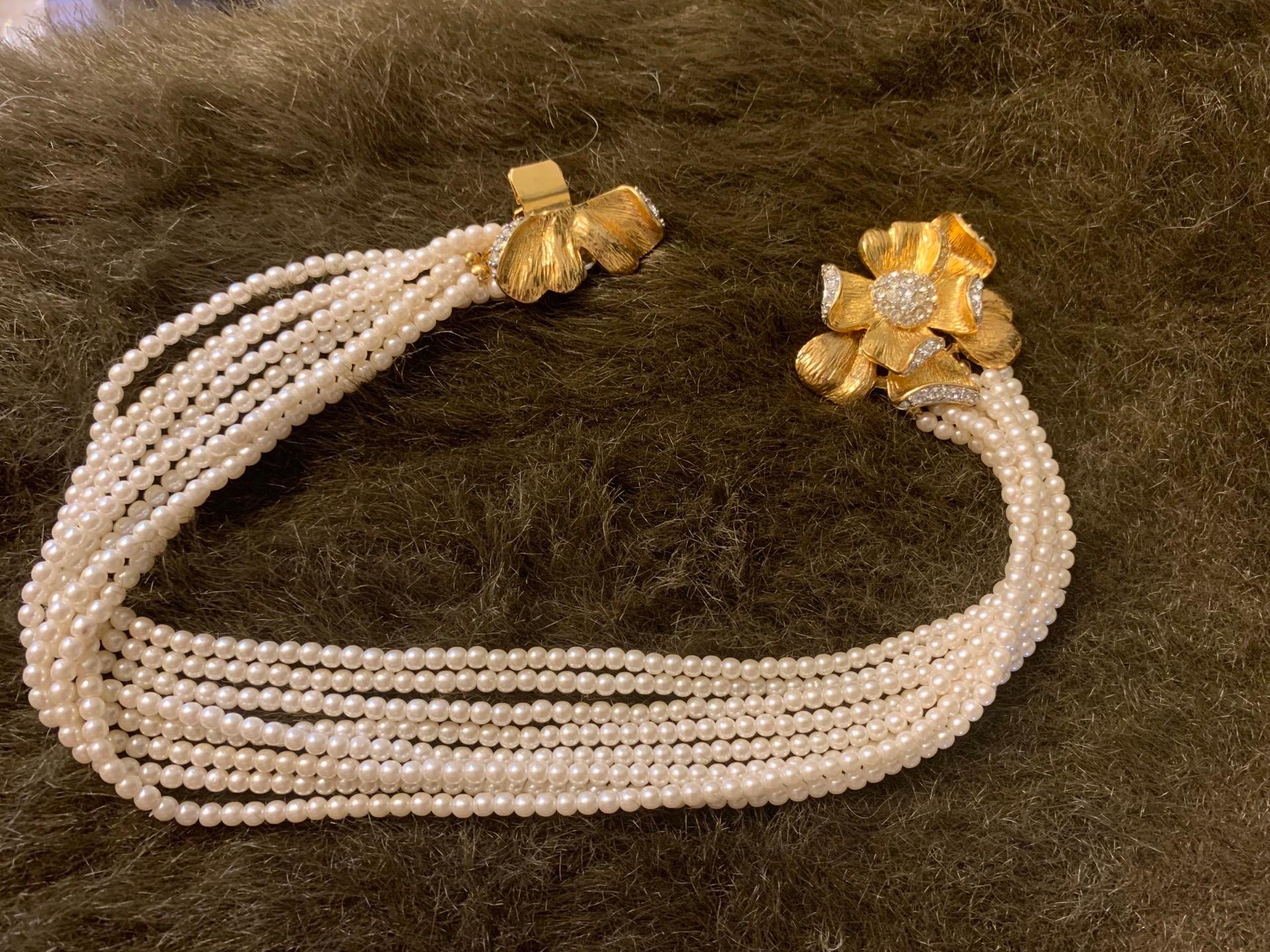 Women's Nolan Miller Srands of Faux Pearls w/ Gold Plated and Rhinestone Flower NWB
