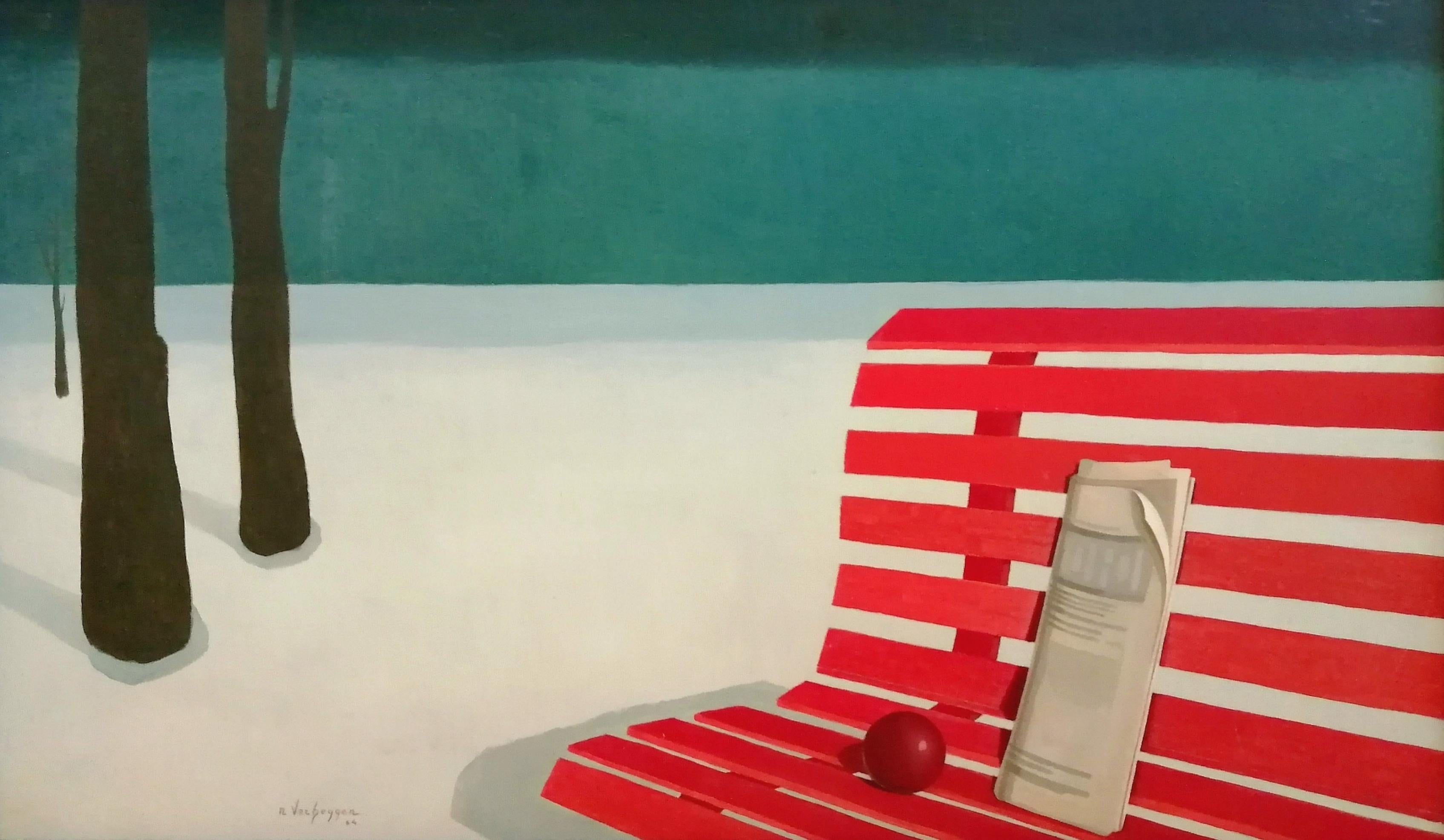Banco en la nieve - Gran pintura belga surrealista de bodegón moderno de mediados de siglo - Painting de Noëlle Verheggen