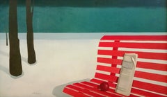 Bench in the Snow - Large Mid Century Modern Belgian Surreal Still Life Painting