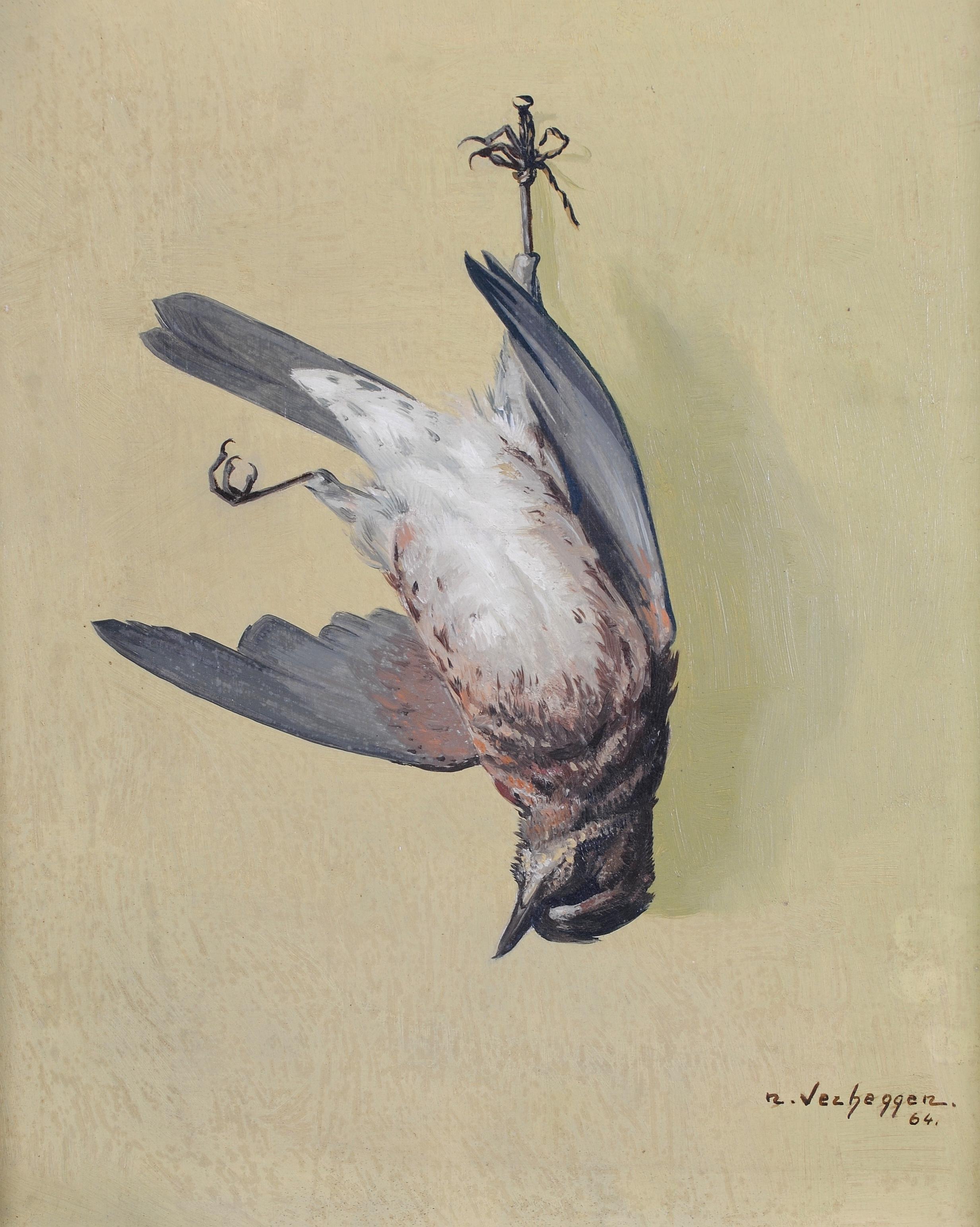 Hanging Bird - Mid 20th Century Belgian Still Life Oil on Board Painting - Beige Still-Life Painting by Noëlle Verheggen