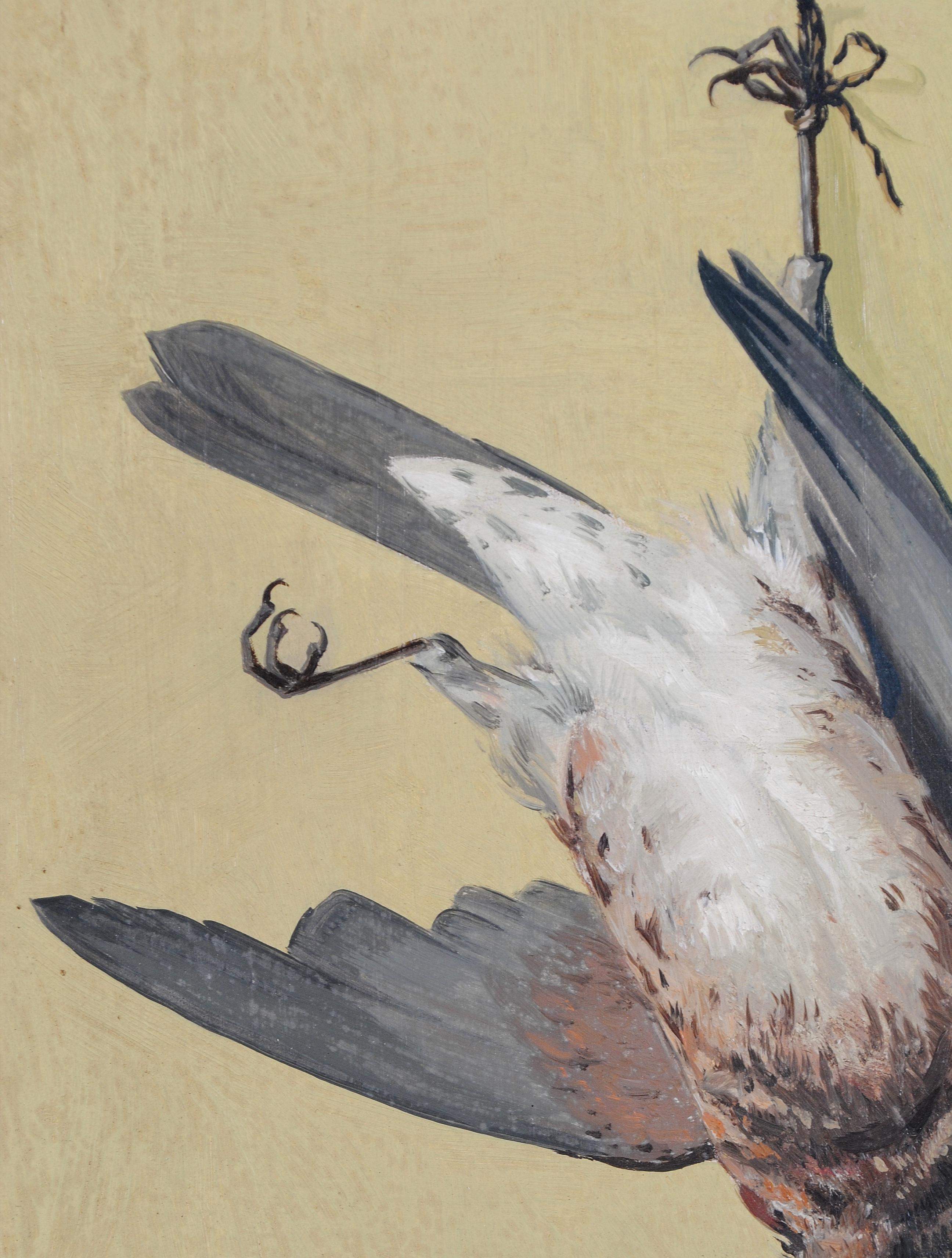 Hanging Bird - Mid 20th Century Belgian Still Life Oil on Board Painting For Sale 1