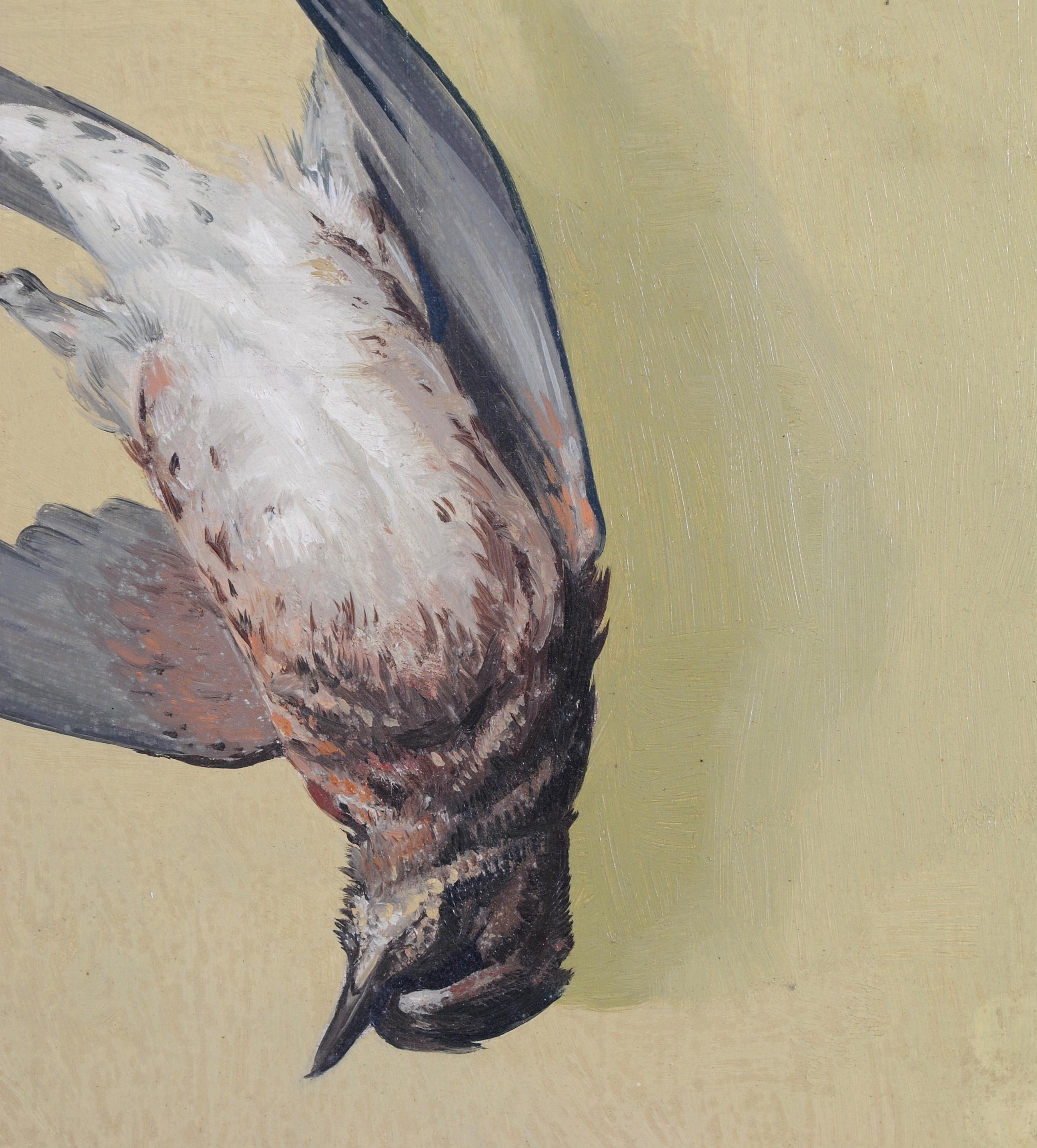 Hanging Bird - Mid 20th Century Belgian Still Life Oil on Board Painting For Sale 2