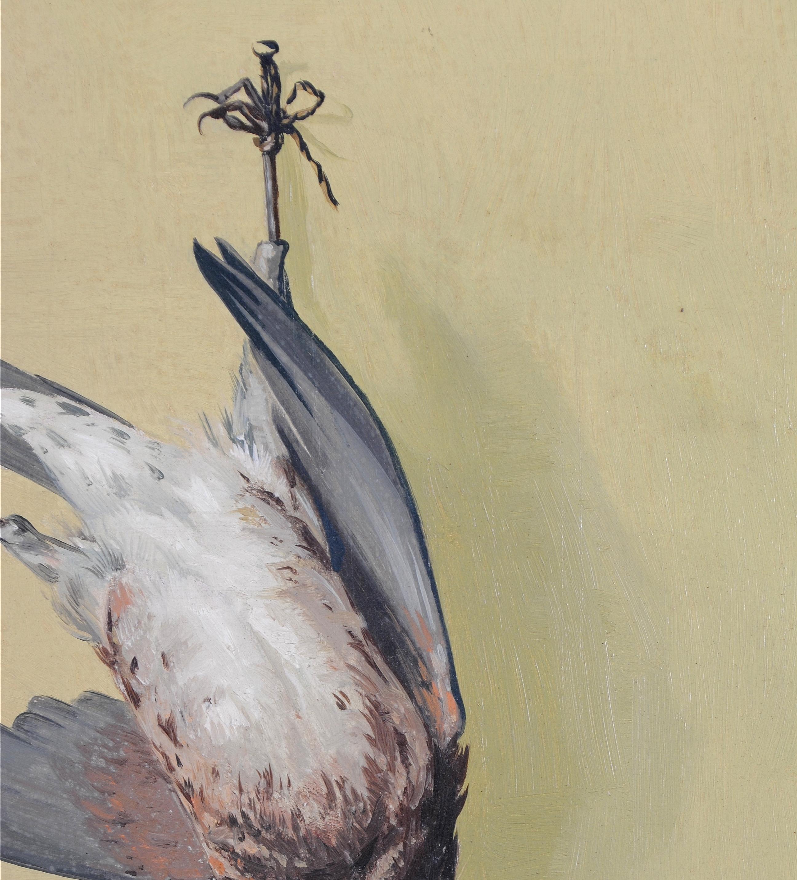 Hanging Bird - Mid 20th Century Belgian Still Life Oil on Board Painting For Sale 3