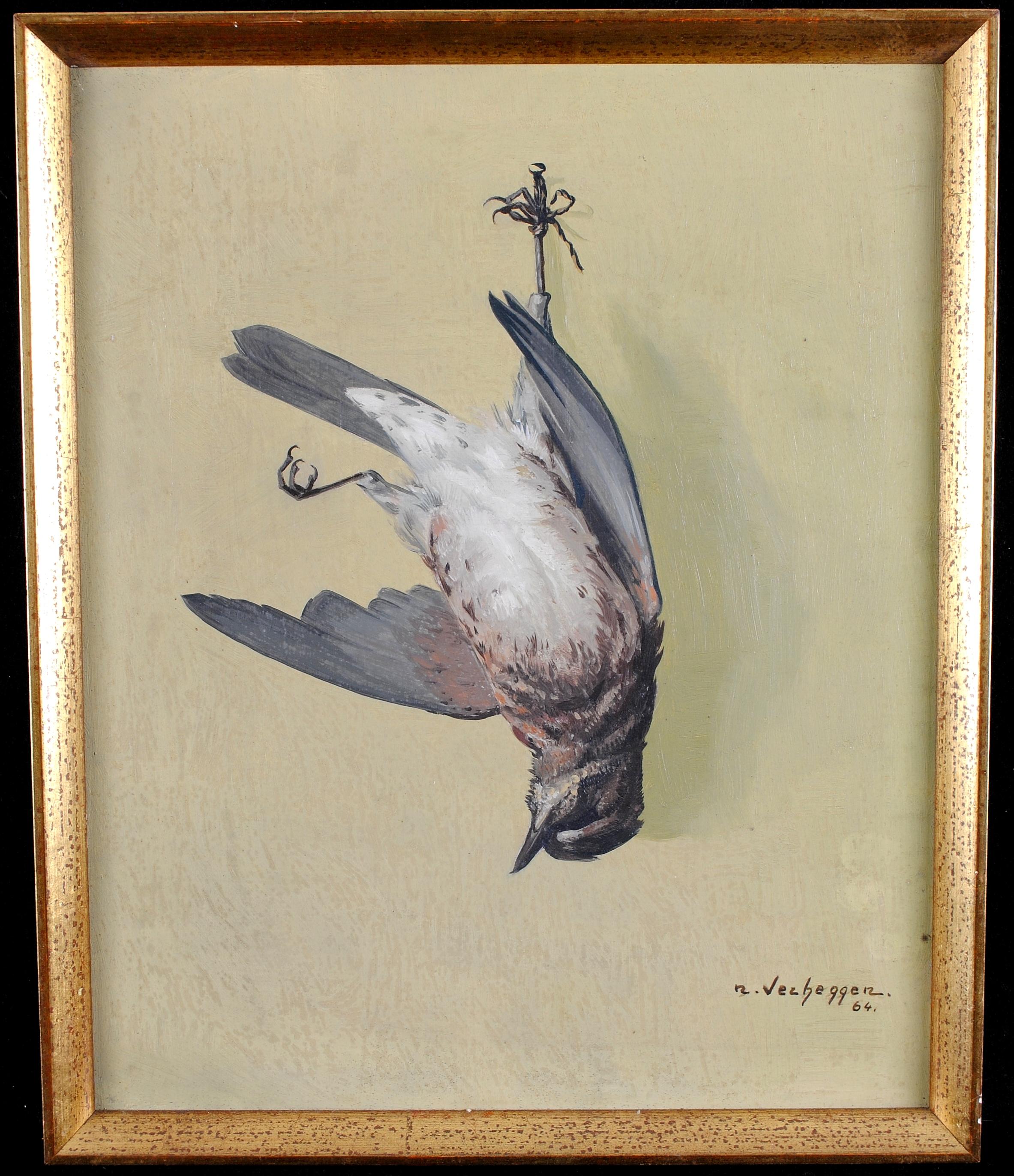 Noëlle Verheggen Still-Life Painting - Hanging Bird - Mid 20th Century Belgian Still Life Oil on Board Painting