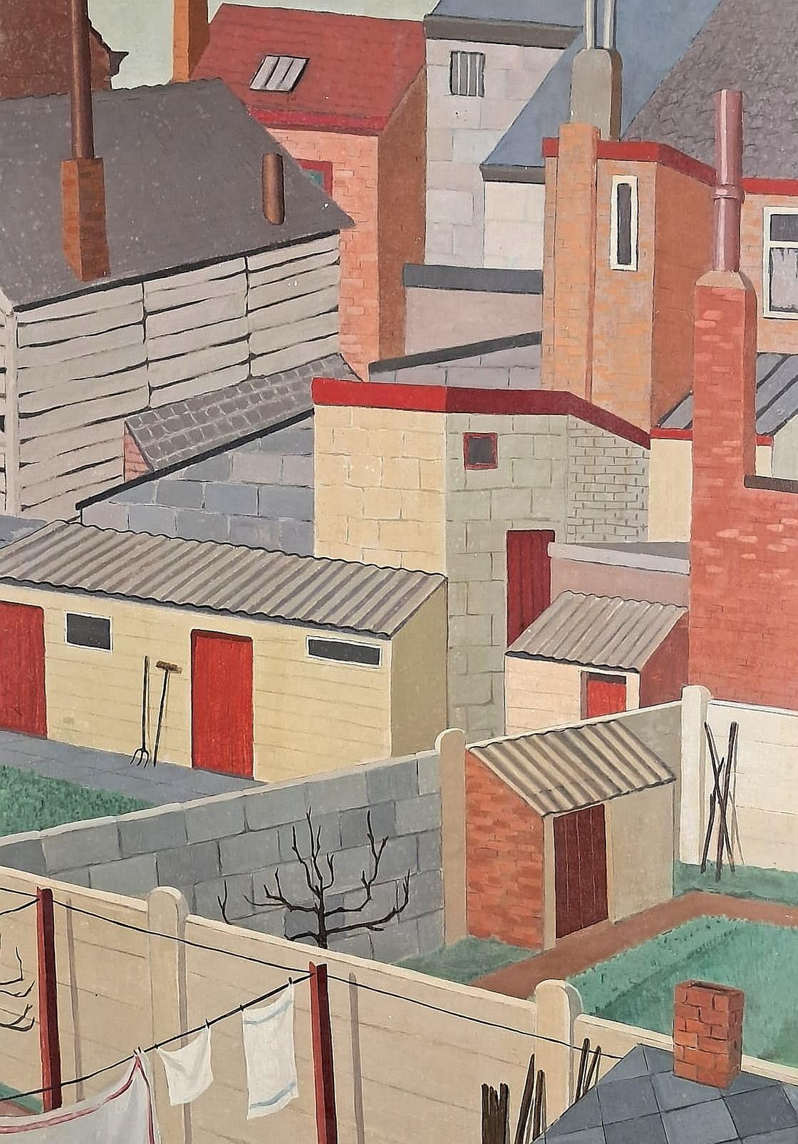 Houses - Large Mid 20th Century Belgian Modernist Oil on Board Painting - Brown Still-Life Painting by Noëlle Verheggen