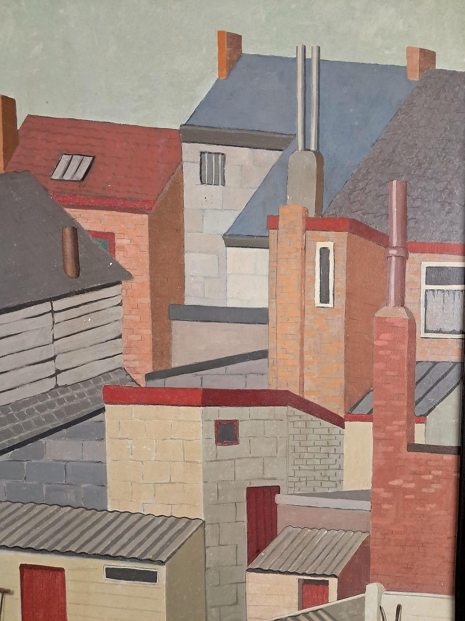Houses - Large Mid 20th Century Belgian Modernist Oil on Board Painting For Sale 1