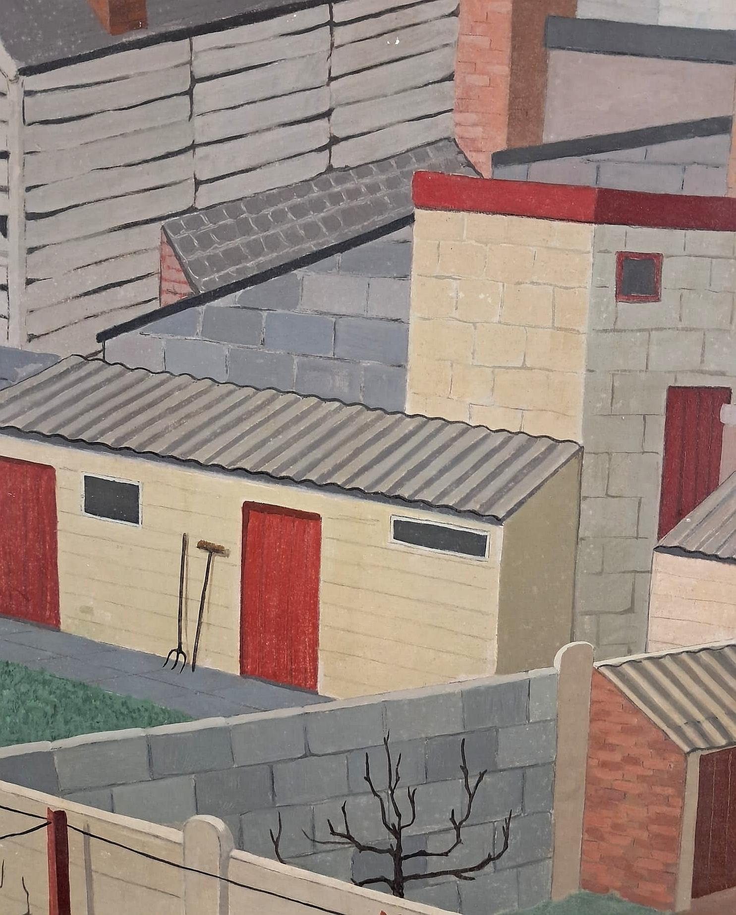 Houses - Large Mid 20th Century Belgian Modernist Oil on Board Painting For Sale 2
