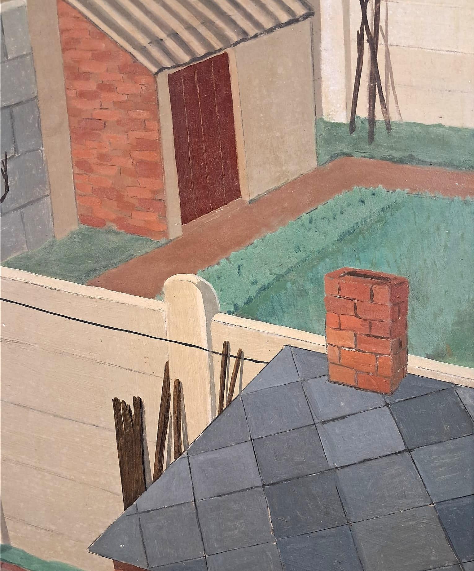 Houses - Large Mid 20th Century Belgian Modernist Oil on Board Painting For Sale 4