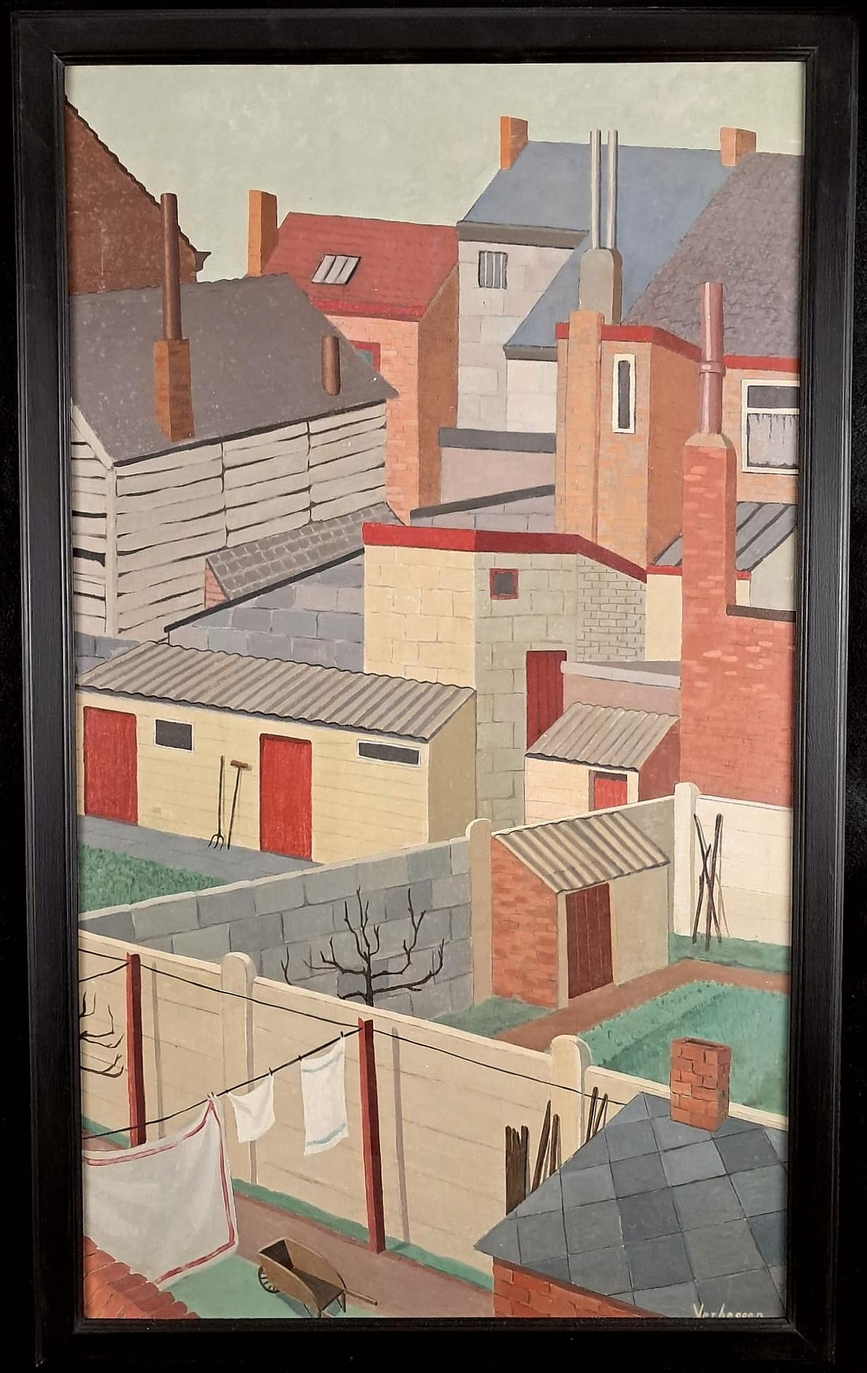 Noëlle Verheggen Still-Life Painting - Houses - Large Mid 20th Century Belgian Modernist Oil on Board Painting
