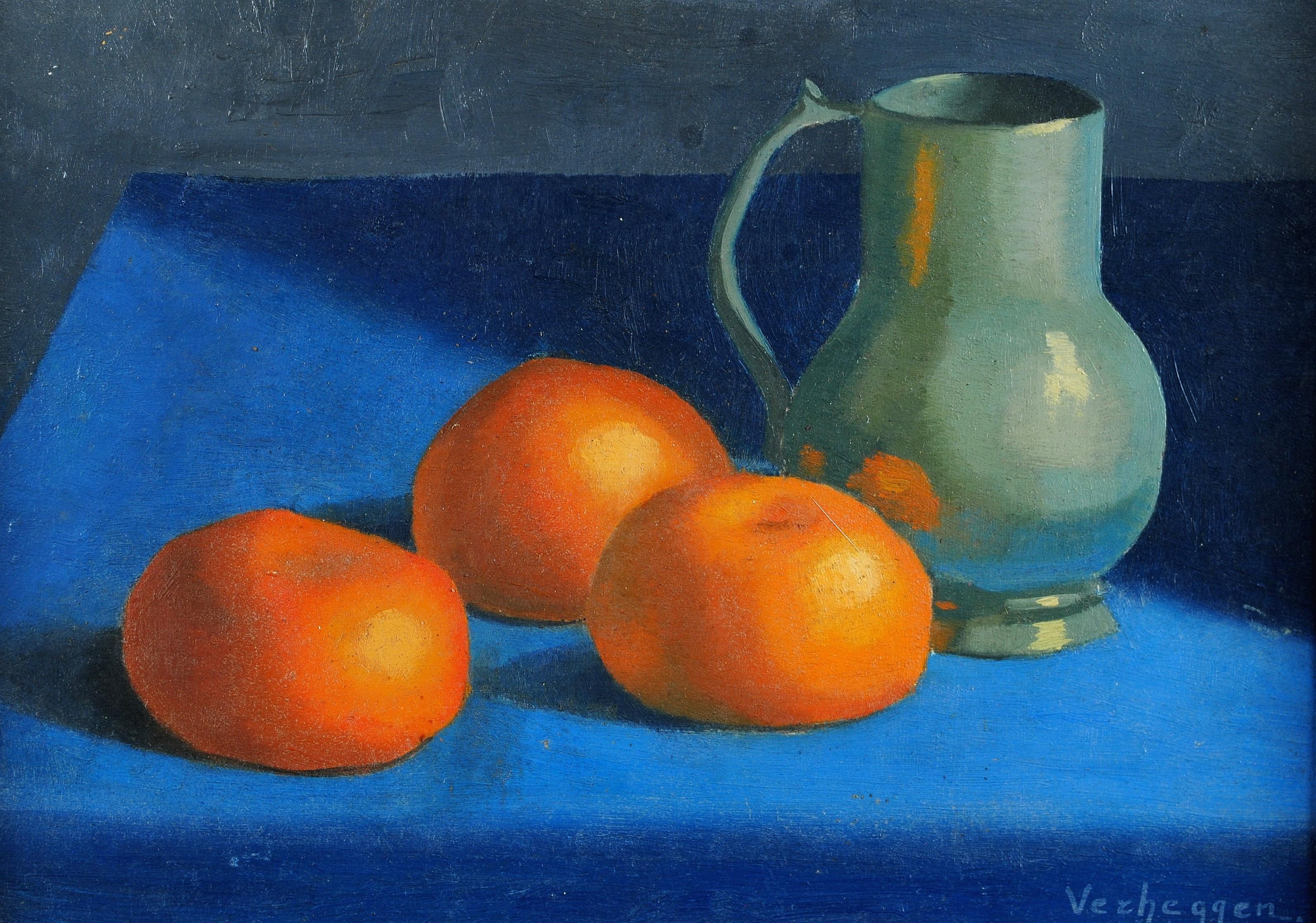 Oranges & Jug - Mid 20th Century Belgian Still Life Oil on Board Painting - Black Still-Life Painting by Noëlle Verheggen