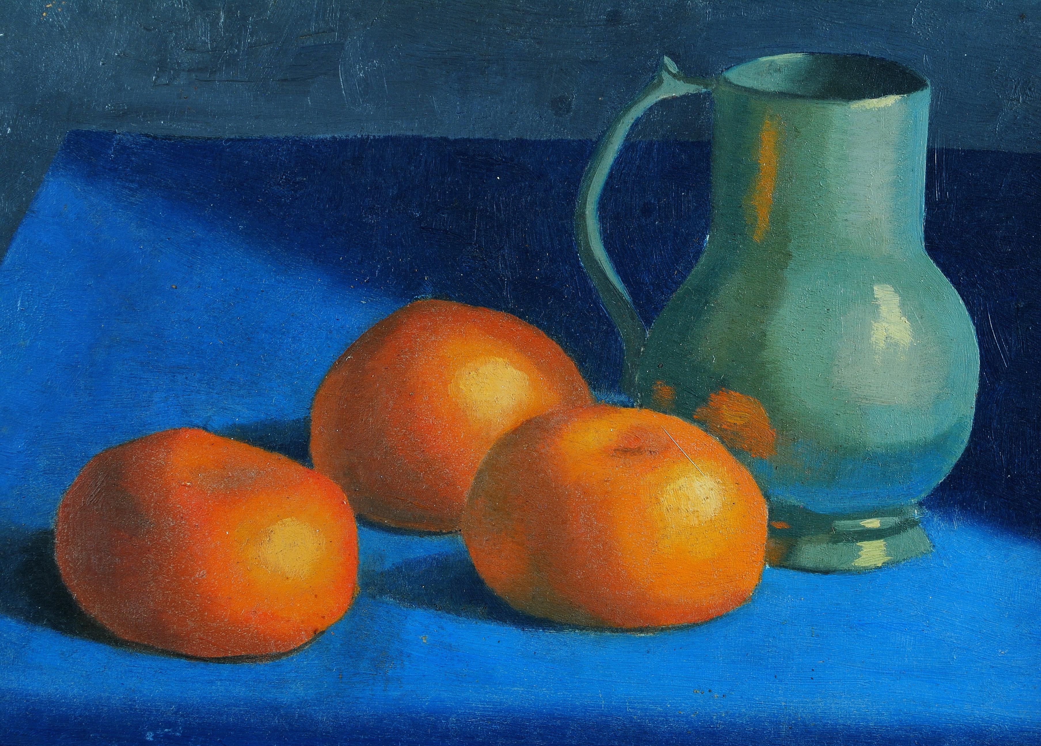 A beautiful signed 1960's Belgian oil on board depicting a still life of oranges and a jug on a blue table cloth, by Noëlle Verheggen. Presented in the original silvered frame.

Artist: Noëlle Verheggen (Belgian, 1929-2017)
Title: Still Life
Medium: