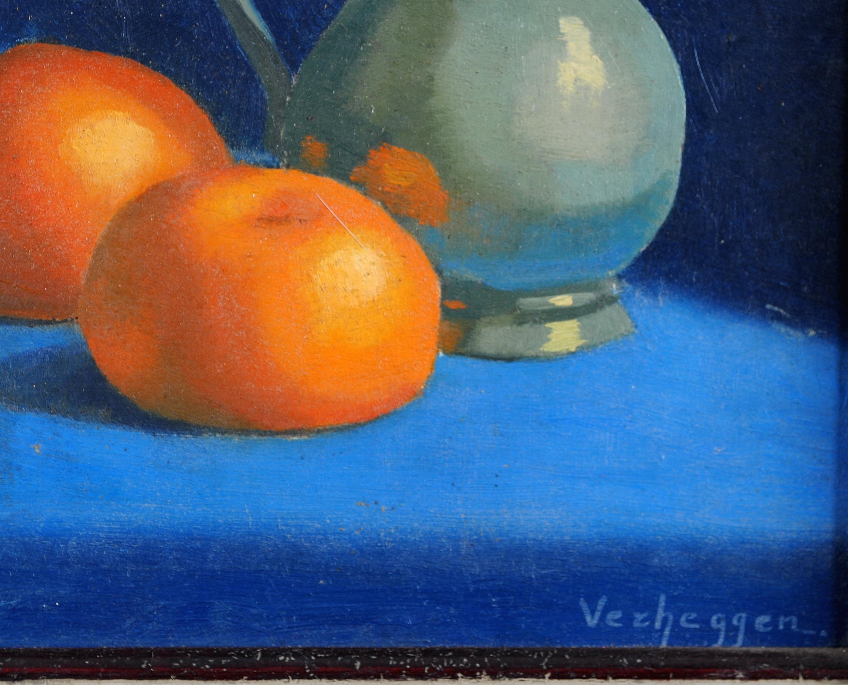 Oranges & Jug - Mid 20th Century Belgian Still Life Oil on Board Painting 2