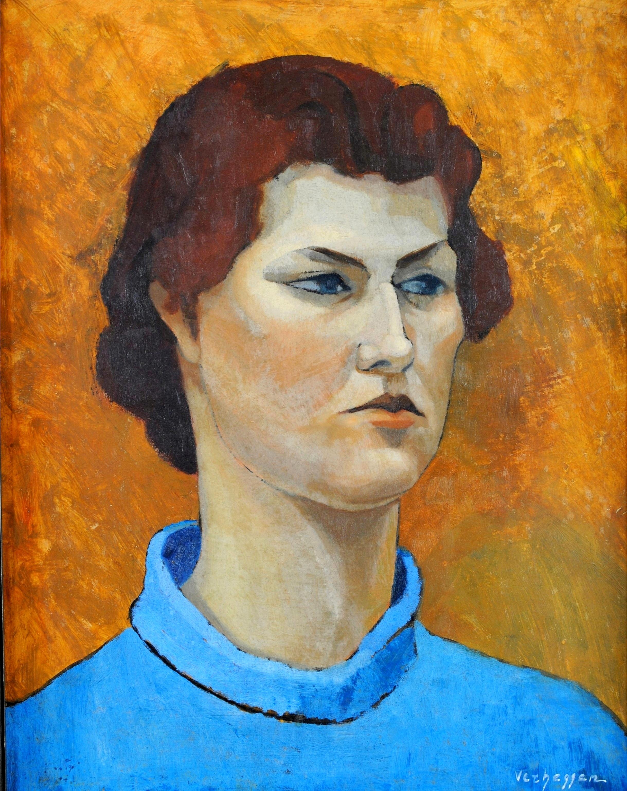 Portrait of a Lady - Mid 20th Century Modern Belgian Oil on Board Painting - Black Portrait Painting by Noëlle Verheggen