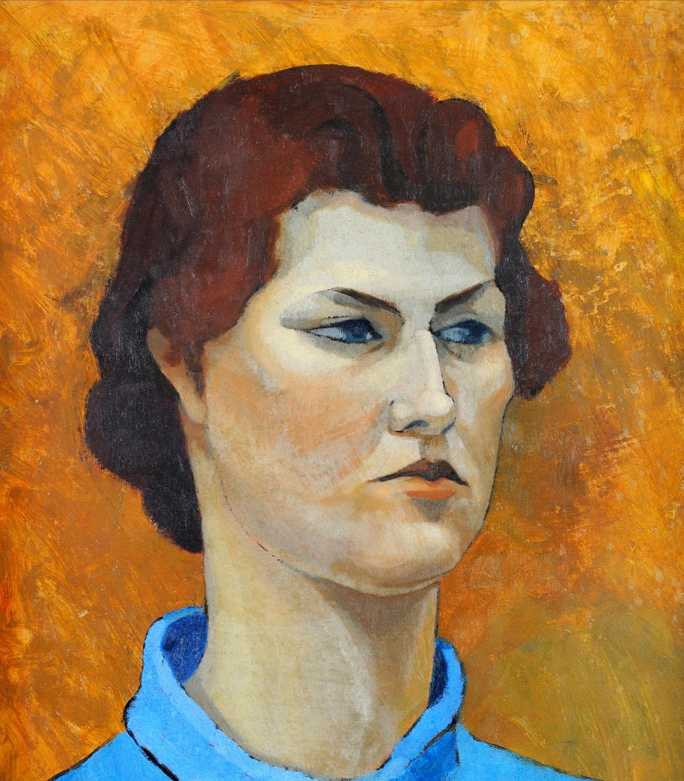 A beautiful signed 1960's Belgian oil on board portrait of a lady wearing a blueb jumper against a striking orange background, by Noëlle Verheggen. Possibly a self portrait of the artist.

The work is of superb quality and in very good original