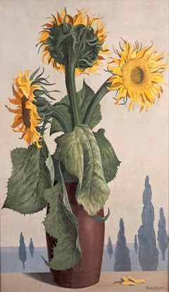 Sunflowers - Large Mid 20th Century Modern Belgian Surreal Still Life Painting