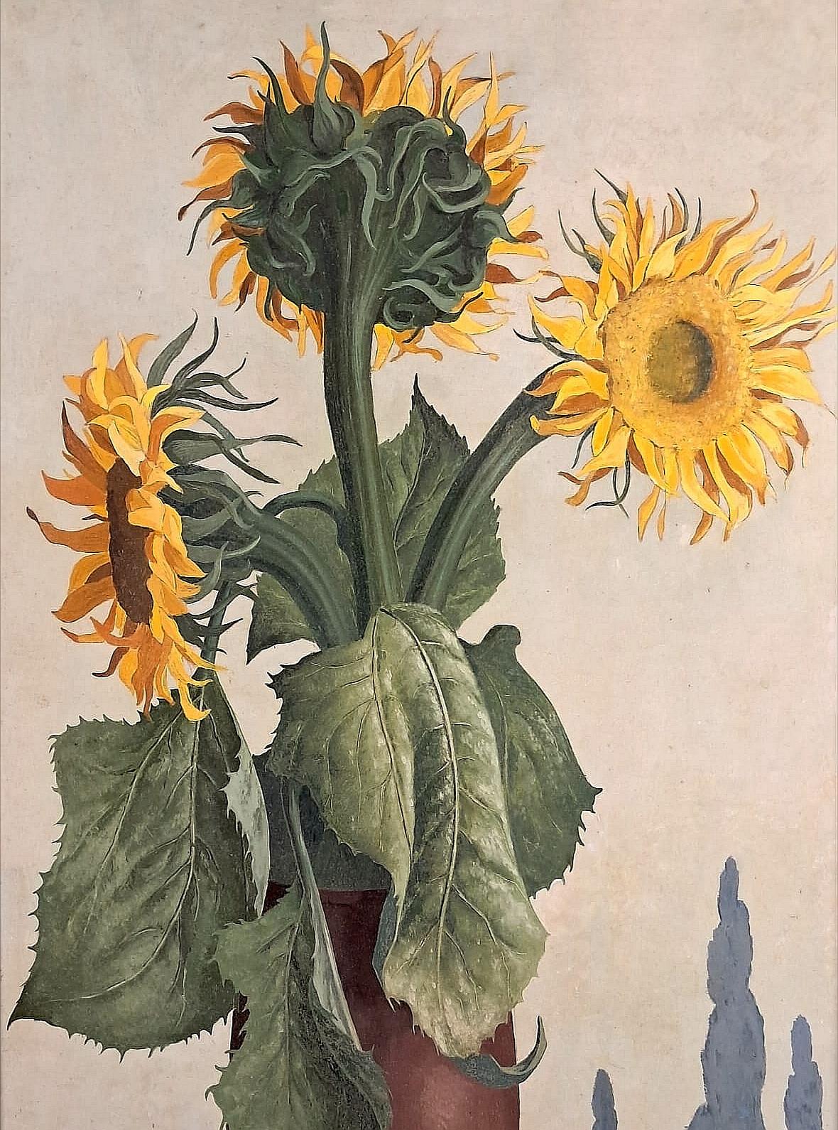 A beautiful large 1960's Modern Belgian surreal oil on board still life depicting sunflowers in a landscape, by Noëlle Verheggen. The work signed lower right and presented in a painted wood frame. 

One of a collection of Verheggen paintings we