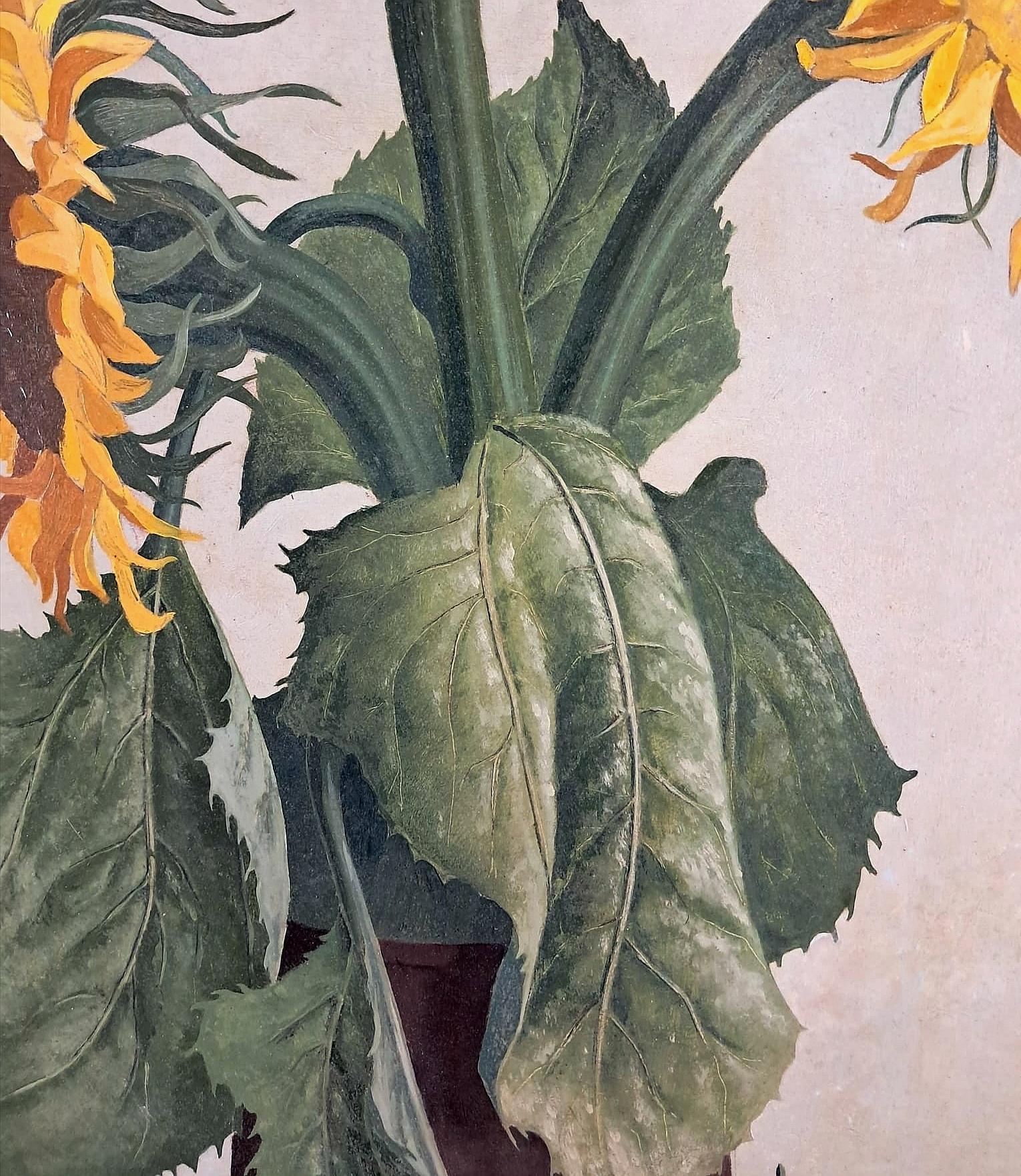 Sunflowers - Large Mid 20th Century Modern Belgian Surreal Still Life Painting For Sale 2
