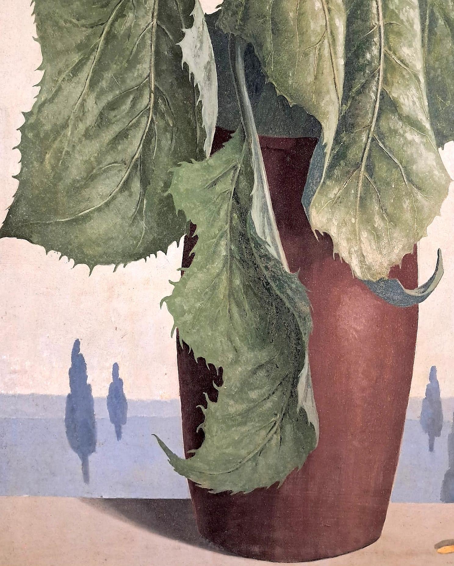 Sunflowers - Large Mid 20th Century Modern Belgian Surreal Still Life Painting For Sale 4