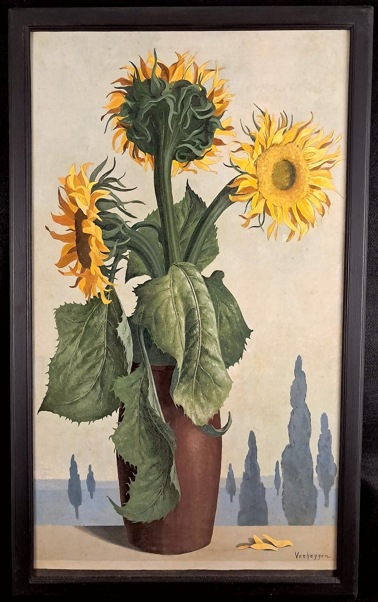 Noëlle Verheggen Still-Life Painting - Sunflowers - Large Mid 20th Century Modern Belgian Surreal Still Life Painting