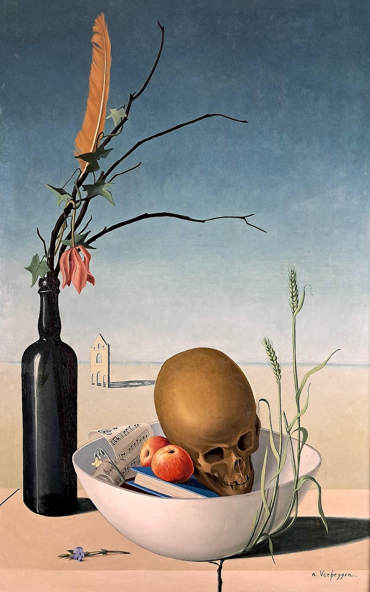 Vanity - Large Mid 20th Century Modern Belgian Surrealist Still Life Painting - Black Still-Life Painting by Noëlle Verheggen