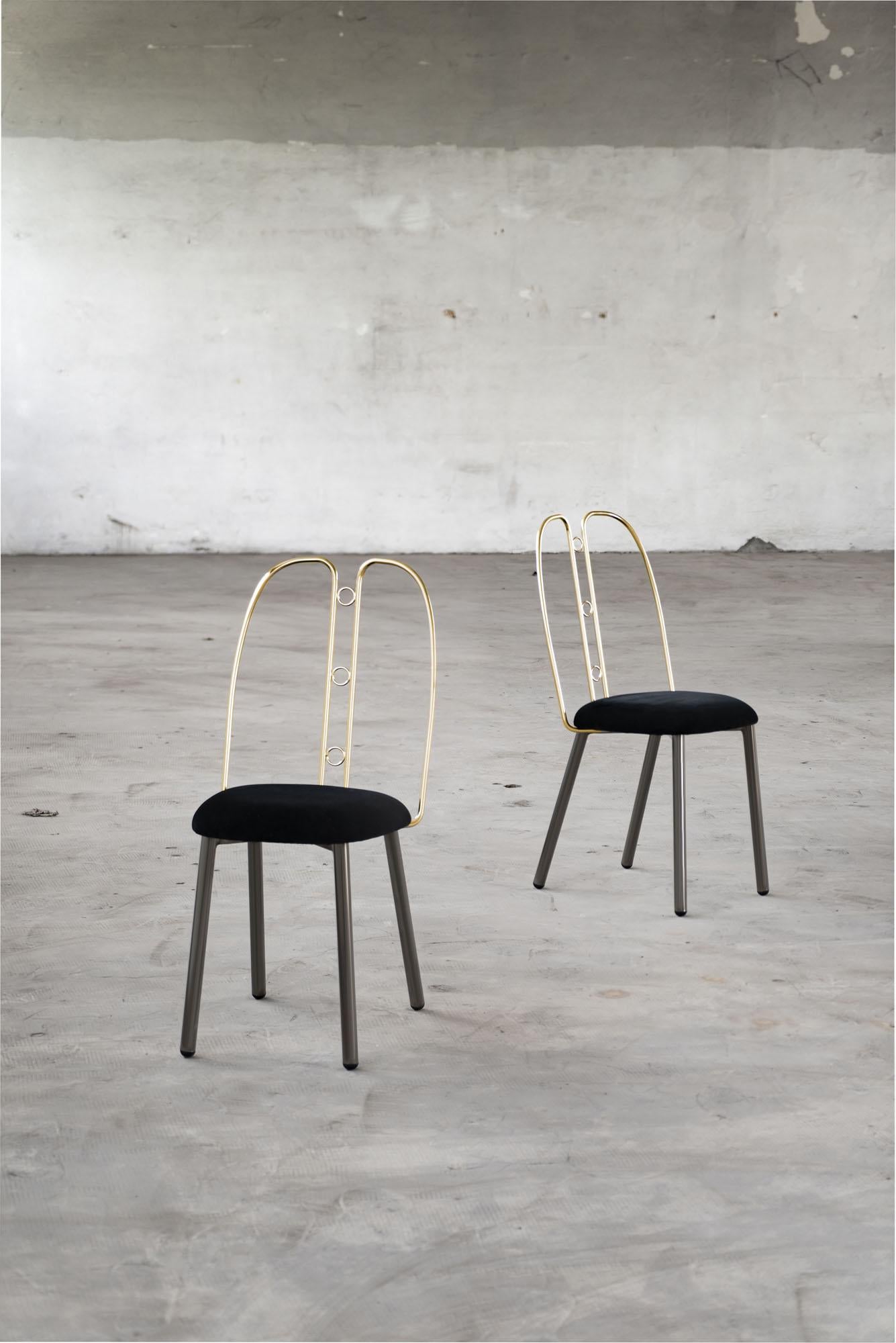 Nollie is the new romantica chair designed by Enrico Girotti and produced in Italy by Edizioni Enrico Girotti,  Inspired by Josef Hoffmann.
The soft shape of the 48 cm (19 inch) high seat connects the design of the large section tubular metal legs