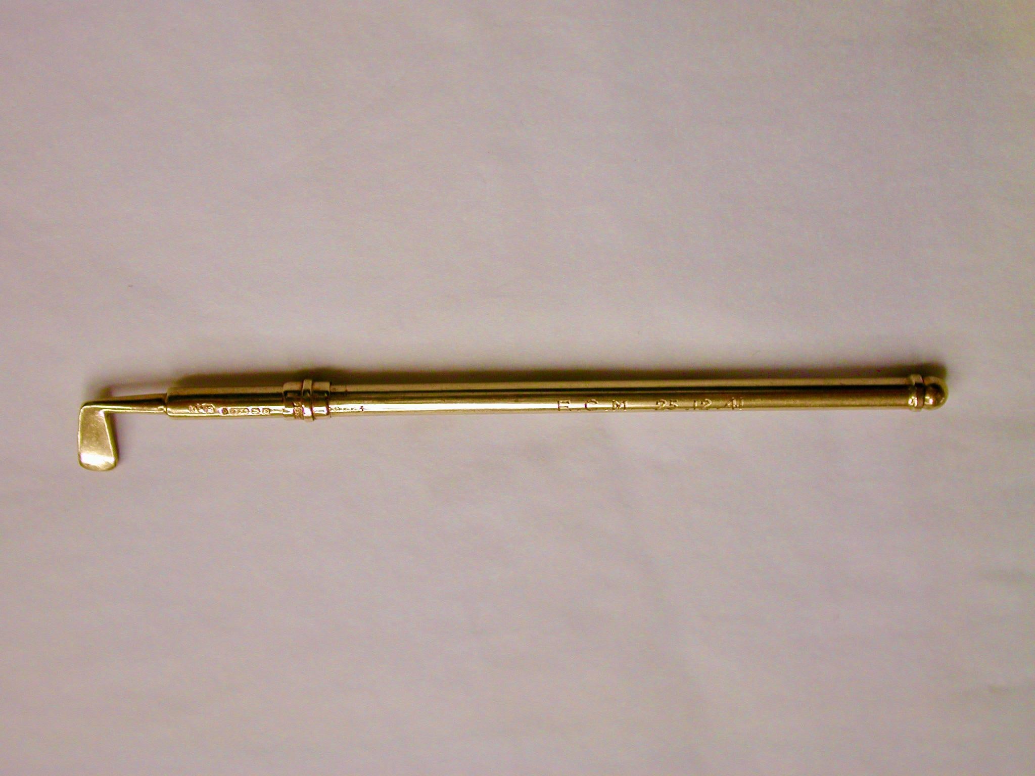 English Novelty 9 Ct Gold Golf Club Swizzle Stick, Deakin & Francis, 1938, Birmingham For Sale