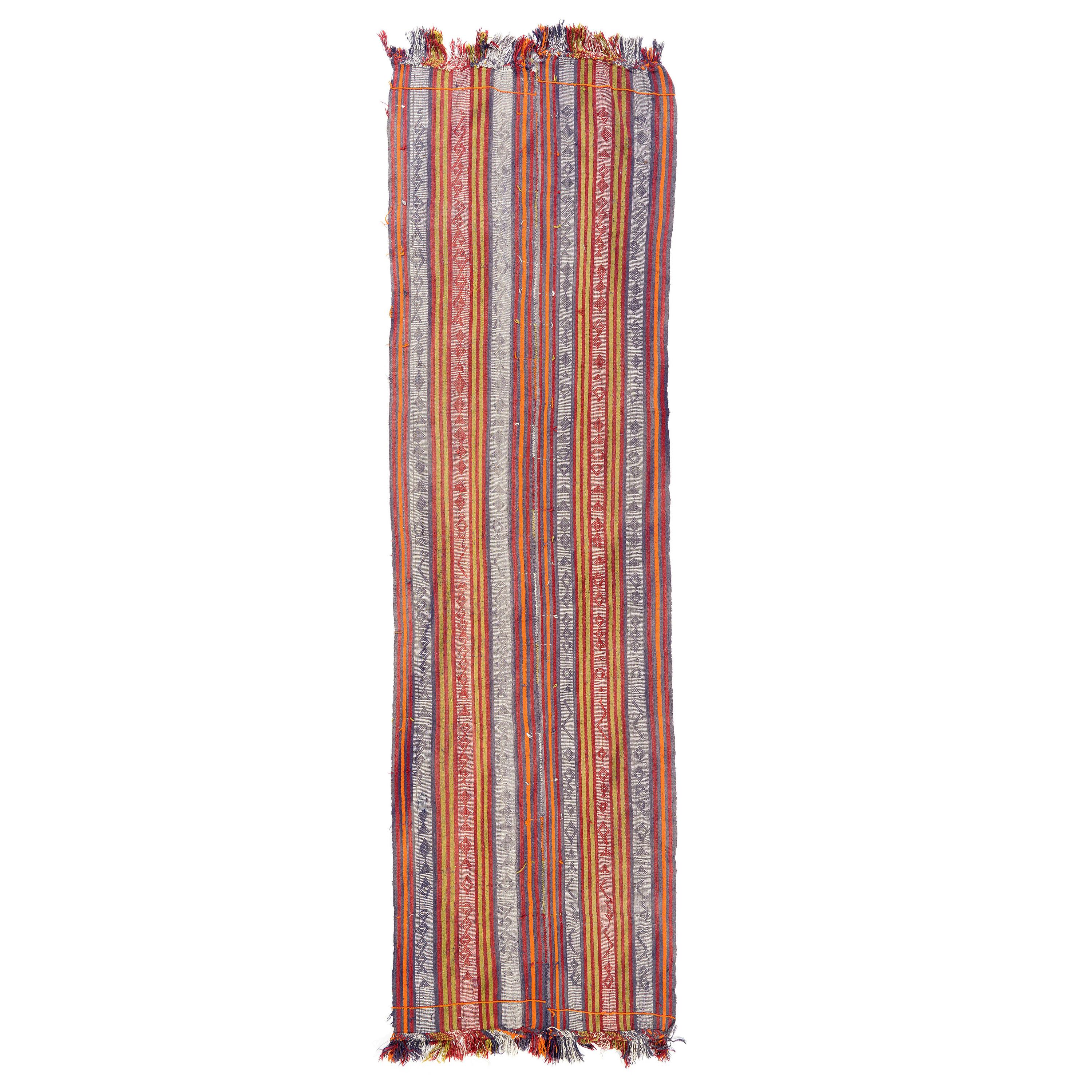 3.5x11.5 Ft Nomadic Handwoven Kilim Runner Rug. Flat-weave. Turkish Wool Carpet